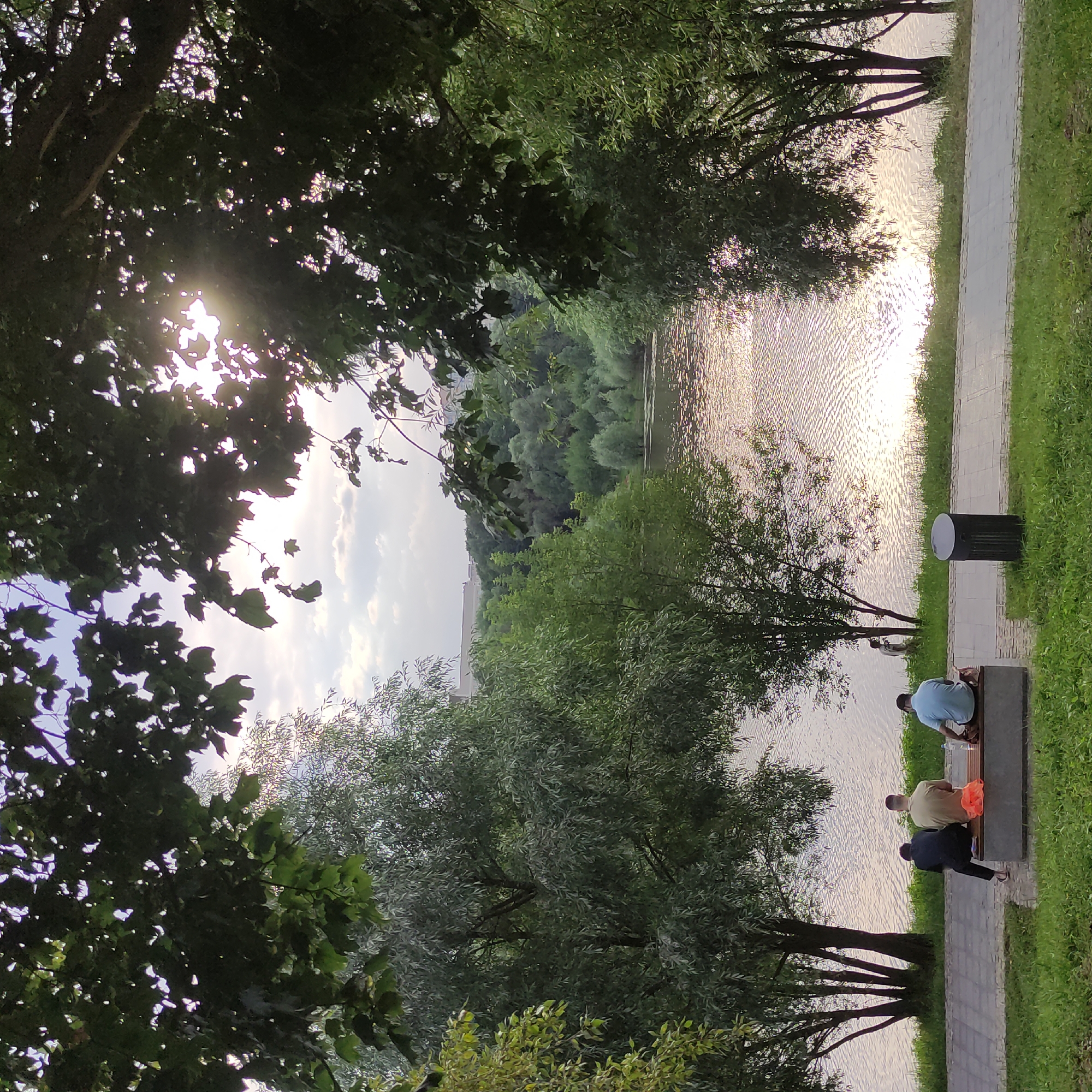 A wide shot captures a serene park scene with a calm body of water, likely a river or lake, in the mid-ground. The water is rippled and reflects the bright, hazy sunlight filtering through the leaves of trees that frame the foreground and middle ground. The sky is partly cloudy. On the left side of the frame, several large trees with dense foliage stand near the water's edge, while the opposite bank is lined with a lush forest. A paved walkway runs along the water's edge. Three individuals are seated on a concrete bench on the left side of the walkway, facing the water. One person in the center wears a light-colored shirt, and the person to their right wears a blue shirt. The person on the far left wears a dark shirt and pants. An orange bag is placed on the bench, and a bottle and a bag are near the person in the blue shirt. A trash can is visible on the walkway to the right of the bench. In the background, buildings are visible beyond the trees on the far bank.