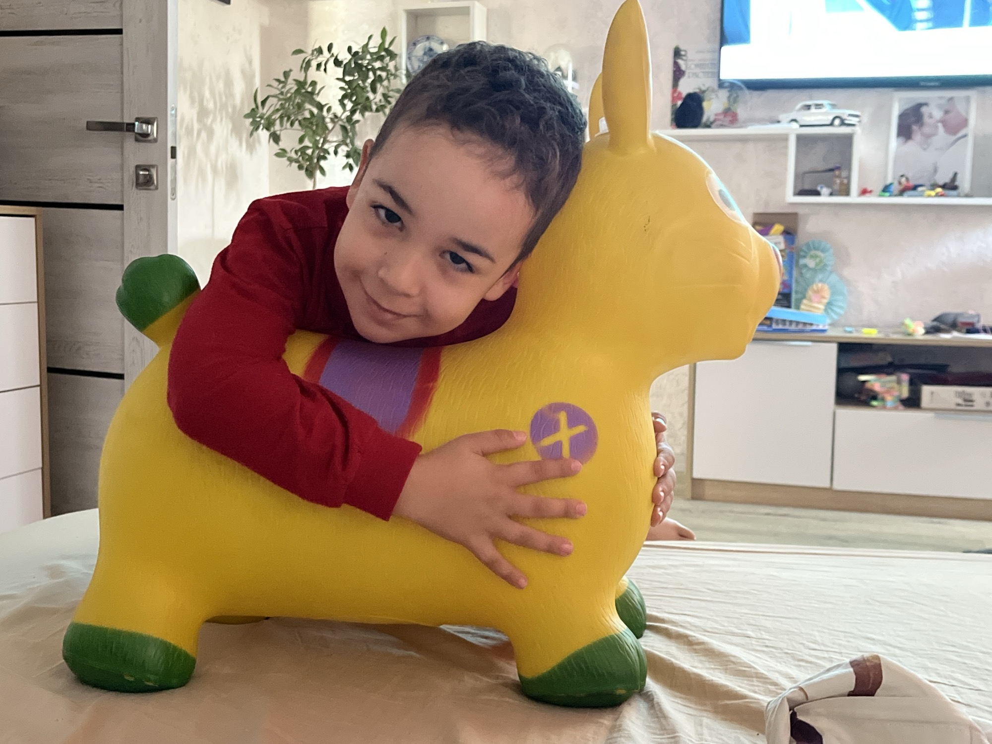 A young boy with dark, curly hair and brown eyes is embracing a yellow, inflatable ride-on toy horse. He is wearing a long-sleeved red shirt. The toy horse has green hooves and a purple and yellow saddle. The boy's left hand is resting on the side of the toy, and his right arm is wrapped around its neck. The scene appears to be indoors, possibly in a bedroom, with a bed covered in a light brown sheet visible in the foreground. In the background, a door with a silver handle is on the left, and a shelf with decorative items and framed pictures is on the right. The overall lighting suggests an indoor setting. The image is taken in Krasnyye Barrikady, Russia.