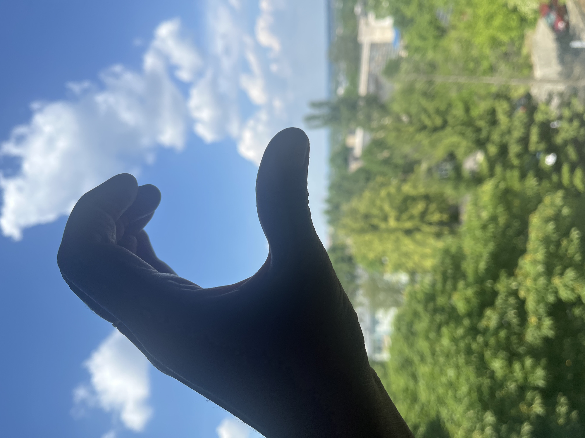 A close-up, silhouetted shot of a hand forms the shape of a heart with a thumb and forefinger extended, creating a curved opening. The hand is positioned in the foreground against a backdrop of a bright blue sky with scattered white clouds. In the middle ground and background, a blurry landscape of lush green trees and some buildings suggests an urban or suburban environment, possibly seen from an elevated vantage point. The lighting indicates it is daytime.