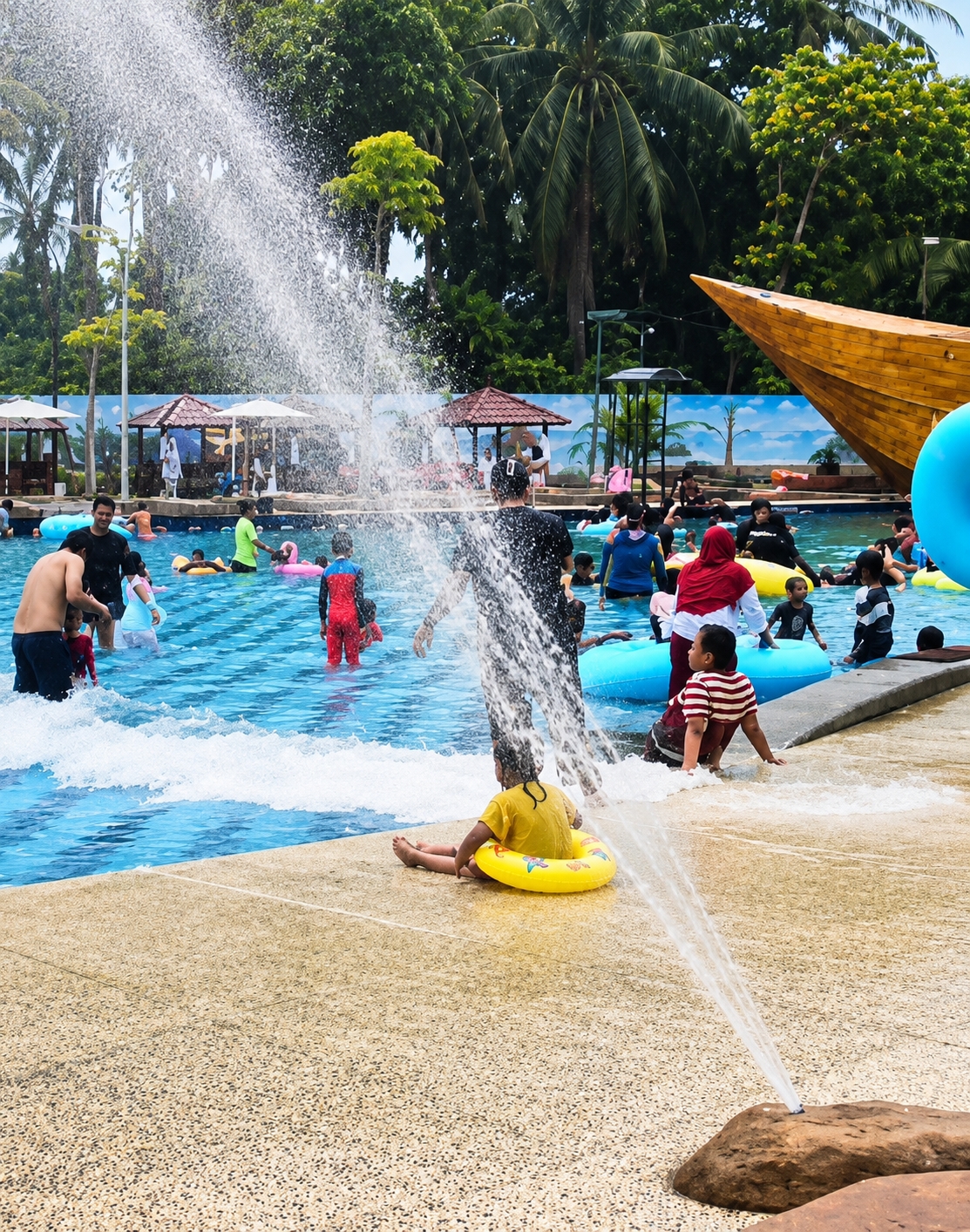 The image depicts a vibrant scene at a water park, likely located in or around Eampat Kwalamencirim, Indonesia, judging by the lush tropical foliage visible in the background. A large fountain sprays water into the air, creating a dynamic and refreshing atmosphere. The pool is populated by numerous individuals, including children and adults, engaging in various water activities. Some are swimming, while others are using inflatable rings for buoyancy and fun.
In the foreground, a young girl wearing a yellow shirt sits on the edge of the pool with a yellow inflatable ring around her waist. She is facing away from the camera, her legs extended. Nearby, a jet of water from the fountain is directed towards the pool.
Further back, a group of people are enjoying the water. There are adults in swimwear, some with children. One person in the middle ground is wearing a red and white striped shirt and appears to be interacting with others in the pool. Several inflatable tubes in blue and yellow are scattered throughout the water, indicating a recreational setting.
The backdrop features a bright blue sky and dense green palm trees, characteristic of a tropical climate. In the distance, there are structures that resemble cabanas or rest areas, with red-tiled roofs. A distinctive wooden structure, possibly part of a ride or attraction, juts out into the frame on the right side of the image. The pool itself is a bright blue, with white waves suggesting movement or possibly a wave machine. The poolside area is a light-colored, textured surface, with a few rocks visible, one of which has a water spout emerging from it. The overall impression is one of a lively and enjoyable day at a water park.