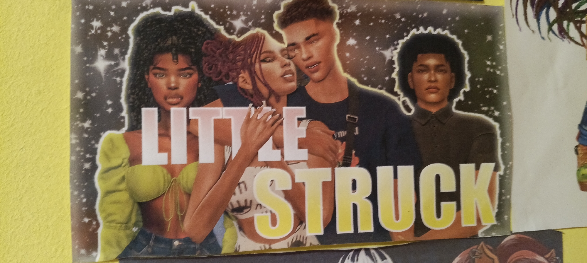 A digital illustration displays four young individuals, two males and two females, arranged in a close grouping. The background is dark and speckled with white stars, creating a celestial effect. The individuals are stylized with smooth, rendered features and appear to be posed for a promotional image. Text overlays the image. The word "LITTLE" is printed in large, white, blocky letters across the upper portion of the image, partially obscuring the subjects. Below this, the word "STRUCK" is displayed in large, yellow letters with a white outline. The individuals are depicted from the chest up, with the two females positioned in the foreground. The female on the left has dark, curly hair and wears a lime-green top. The female in the center has reddish-brown, curly hair styled in a high ponytail and wears a white top with a graphic print. A male stands behind the females, with his arms around the central female. He has light skin and short, styled brown hair, and wears a dark blue t-shirt. To the right of him, another male with dark curly hair and darker skin, wearing a dark collared shirt, is visible. The image is presented as a poster.
