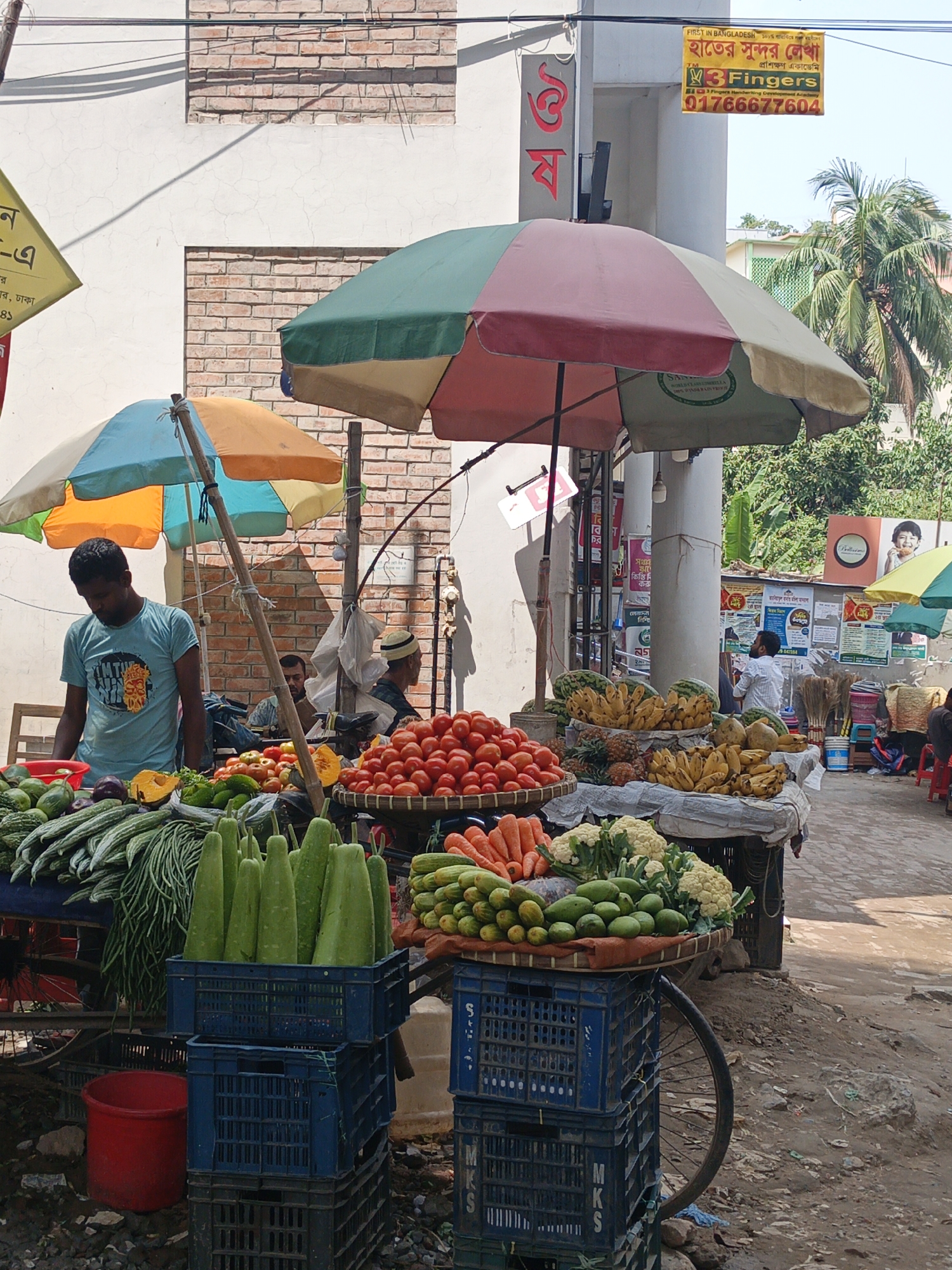 The image shows a bustling roadside vegetable market in Dhaka, Bangladesh. In the foreground, a vendor stands behind a colorful array of fresh produce displayed on tables and carts. The vegetables, including gourds, tomatoes, carrots, caulifower, and cucumbers, are neatly arranged in baskets and crates, some stacked high. A red bucket sits beside the vegetables. The vendor wears a light blue t-shirt. Behind him, several other men are visible near the produce, one wearing a white skullcap.
The market is shaded by large, multicolored umbrellas. Buildings and posters line the street in the background, along with palm trees. A sign advertises "3 Fingers Handwriting Development Academy" with the phone number 01766677604. The ground is dusty and uneven, typical of a busy street market.