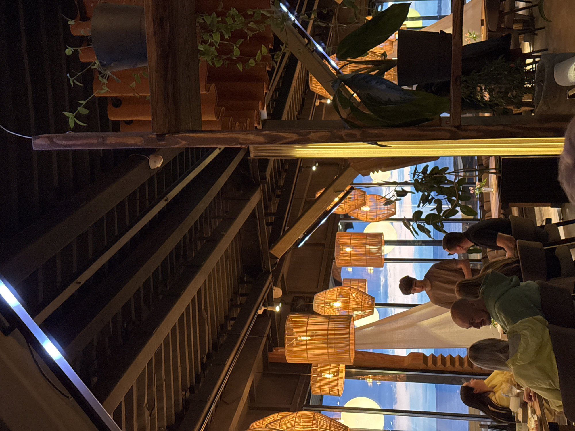 The image captures the interior of what appears to be a dimly lit restaurant or cafe, characterized by a rustic and natural aesthetic. The scene is dominated by wooden structures including beams, rafters, and shelves, from which various green plants cascade from terracotta pots. Several large, cylindrical pendant lamps crafted from woven rattan or bamboo hang throughout the space, emitting a warm, amber glow. On the left side of the frame, a modern, cool-toned blue LED strip light runs along a structural element.
Through large windows in the background, an abstract outdoor or decorative scene is visible, featuring a vibrant blue expanse dotted with prominent white circular shapes, suggesting either a stylized sky, a mural, or an illuminated screen.
Several people are present, engaging in social interaction. In the mid-ground, a person in a green hoodie is partially visible, looking towards another person whose profile is seen. Further back, a man in a beige shirt stands near a table, looking down, possibly at a menu or engaging in conversation. Another man in a black shirt is visible leaning over a distant table. The overall activity suggests casual dining or socializing. The dim indoor lighting, augmented by artificial sources, indicates that the time of day is likely evening or night. No specific weather conditions are discernible, nor is any visible text present in the image.