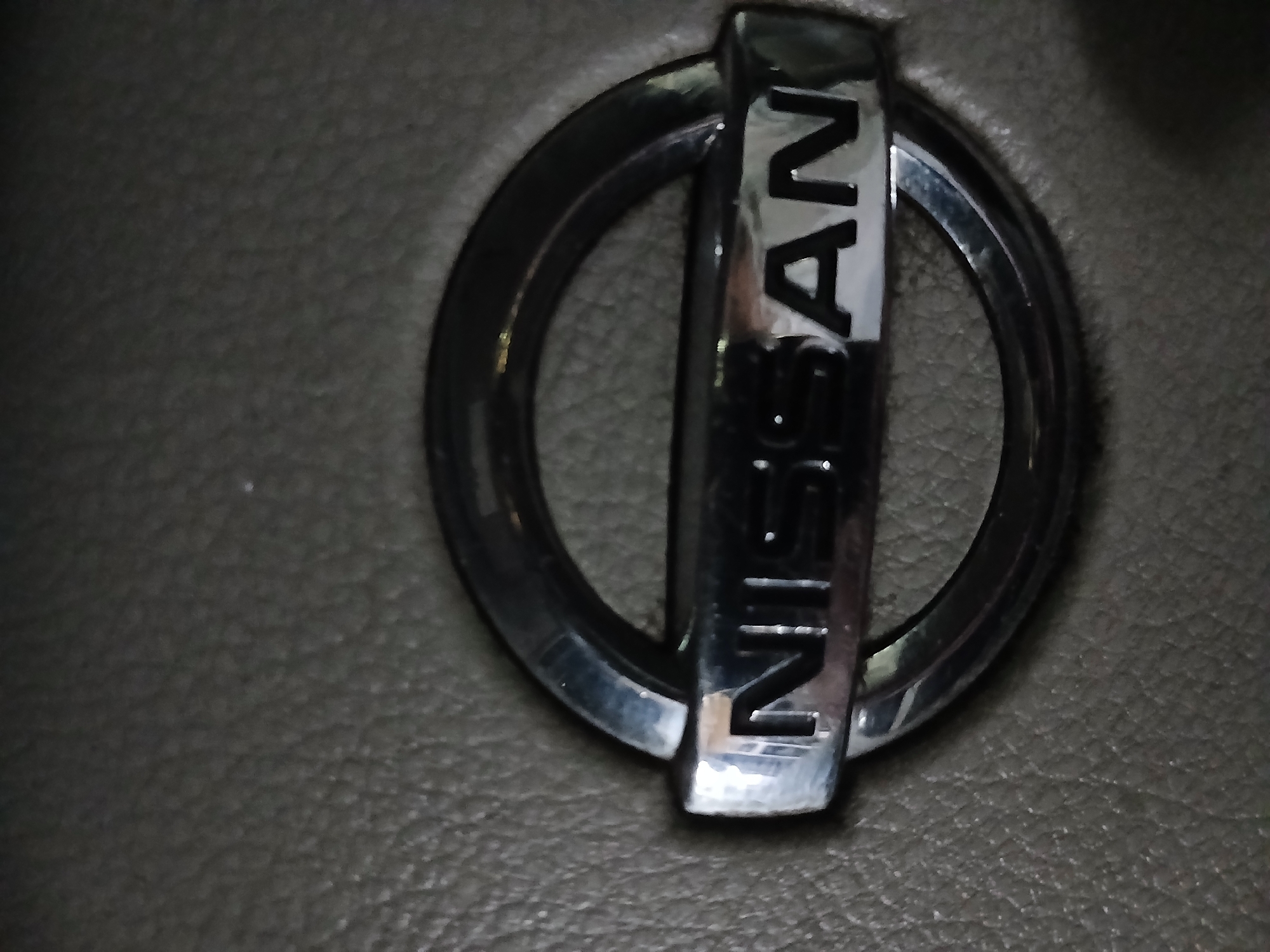 A close-up, vertical shot shows a chrome "NISSAN" emblem centered on a textured, grey surface, possibly leather upholstery. The emblem is circular with the word "NISSAN" written horizontally across its center. The background is out of focus, with only the textured surface visible. The lighting appears to be ambient, creating reflections on the chrome. There is no indication of a specific location within the city of Telavi, Georgia.