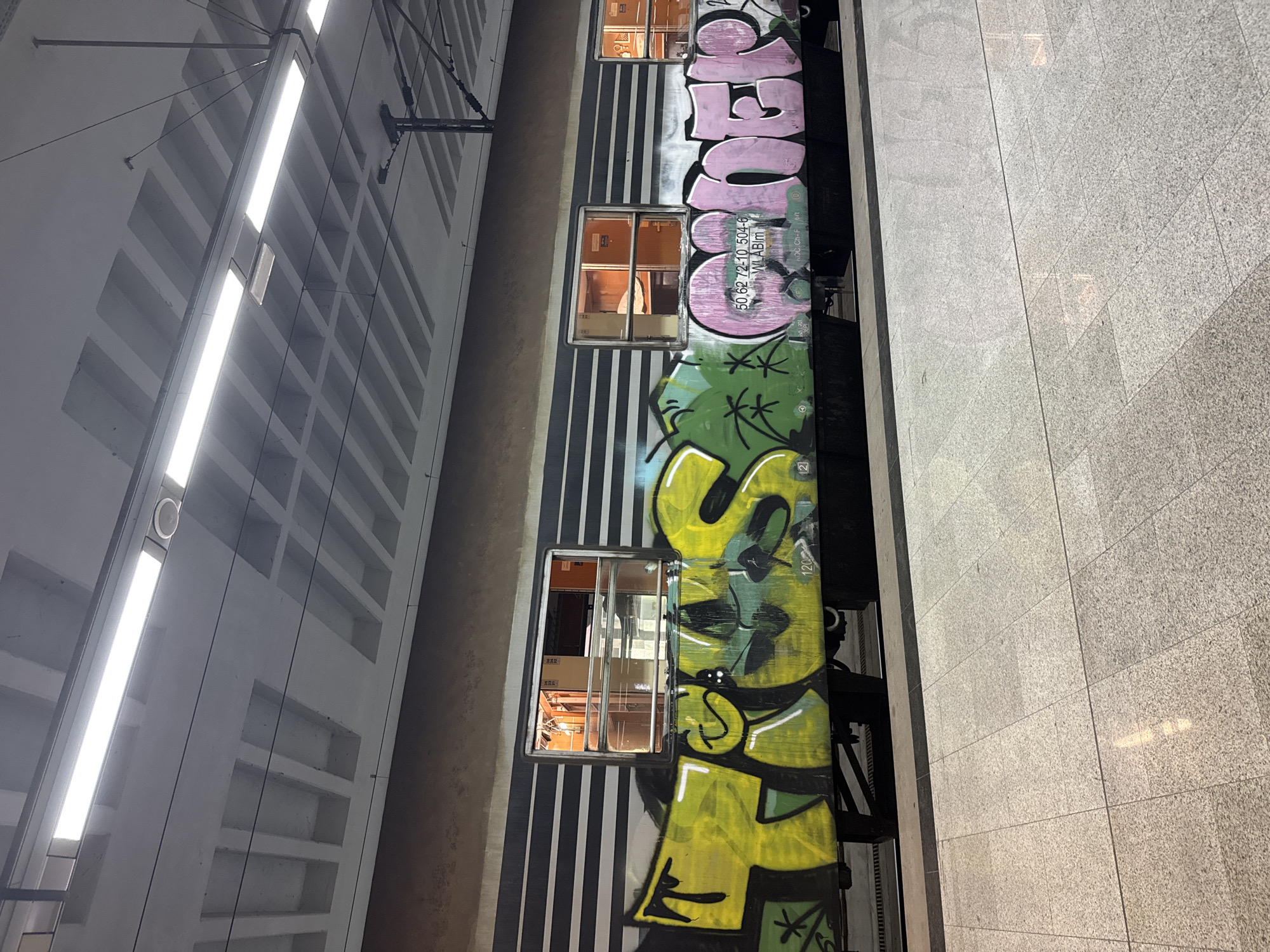 The image captures the side of a train car covered in graffiti. The graffiti appears to be comprised of a combination of colors, including pink and yellow. The train car is parked on a track, and next to a tiled surface. The windows of the train car are illuminated with interior lights. A structure with fluorescent lights is visible above the train car. While the exact location is not apparent, this is most likely in the city of Belgrade, Serbia.