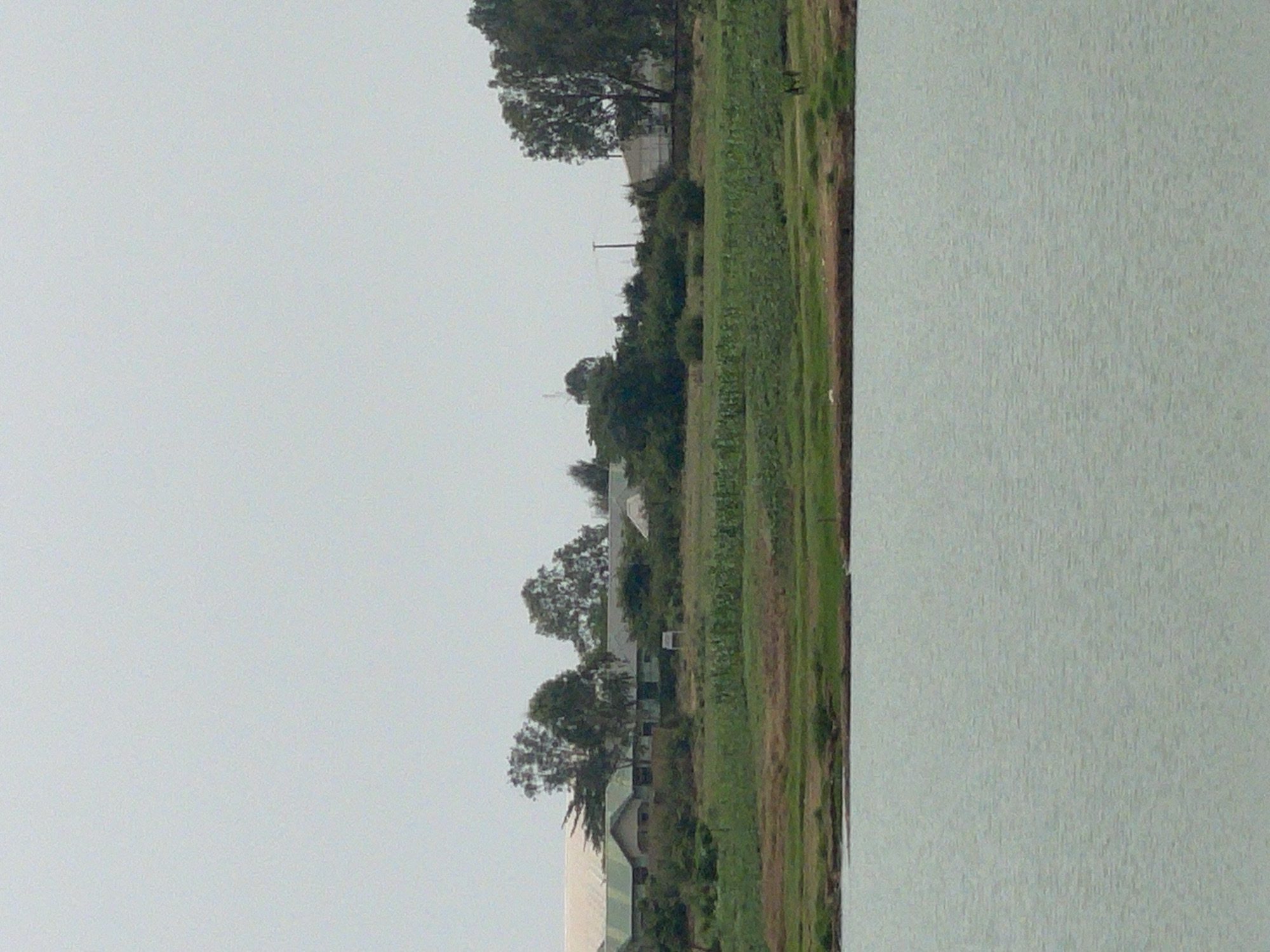 The image shows a landscape scene in or near Nabatum, Nigeria. A body of water, possibly a lake or river, occupies the right side of the frame. The left side displays a green, vegetated area with a mix of trees and what appears to be agricultural land. Buildings, including houses and structures with light-colored roofs, are interspersed amongst the trees. The sky is overcast and a pale gray color. There is no visible sign of human activity. The photograph is taken from a distance, providing a broad overview of the scene.
