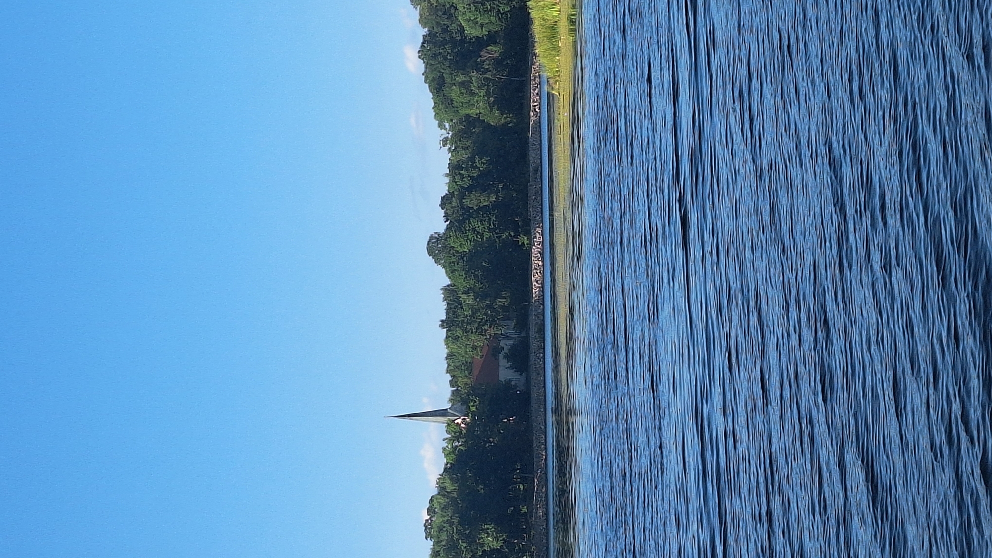 This is a photograph taken from the water, looking towards a tree-lined shore. The image is oriented vertically, with the water on the right and the sky and land on the left.
The water in the foreground is a deep blue, rippling with light reflections that create a textured, almost striped effect. The shore is densely covered with dark green trees, forming a thick, lush wall. Peeking through the trees is a building with a reddish-brown roof, and a tall, pointed spire, suggesting it might be a church or a similar structure. A stone wall or embankment runs along the edge of the water, separating it from the land. A thin strip of light green vegetation is visible just beyond the stone wall, at the base of the trees.
The sky is a clear, bright blue, with a hint of white cloud in the distance. The lighting suggests it is a sunny day, likely late morning or early afternoon, as the sun appears to be high in the sky. There are no visible people or specific activities taking place, but the presence of the building and the well-defined embankment hint at a settled area, possibly a park or a village near the water. The overall impression is one of a peaceful, natural landscape on a bright day. The location is identified as Koknese, Latvia. There is no visible text in the image.