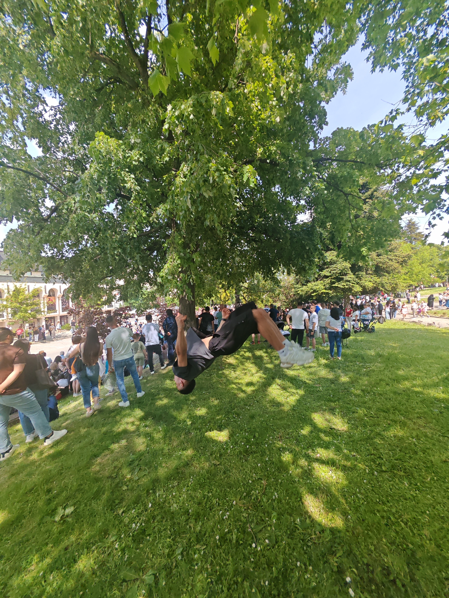 A wide-angle shot reveals a man hanging upside down from a tree branch in a grassy park in Shumen, Bulgaria. The man is wearing a dark t-shirt, dark shorts, and light-colored sneakers. He is positioned in the lower right portion of the frame, with his body forming an arc. A large, mature tree with dense green foliage overshadows him. The grass below is lush and green, with dappled sunlight filtering through the tree canopy. In the background, a crowd of people of varying ages and clothing styles are gathered, possibly attending an event or enjoying a day in the park. A building with an ornate facade is visible in the upper left. The sky is partially visible through the tree branches.