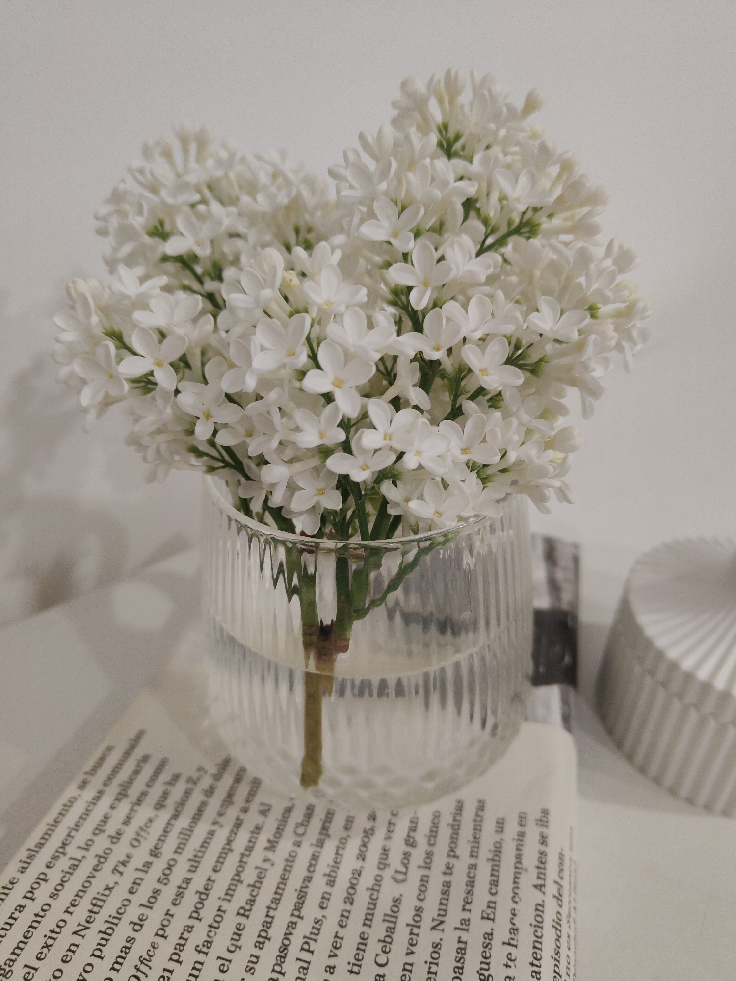 A close-up shot depicts a bouquet of white flowers in a clear, vertically ribbed glass vase. The vase, partially filled with water, rests on a surface covered by a sheet of paper with legible printed text in a foreign language. To the right of the vase, a white ribbed decorative object is also present on the surface. The scene is well-lit, with a soft, neutral background.