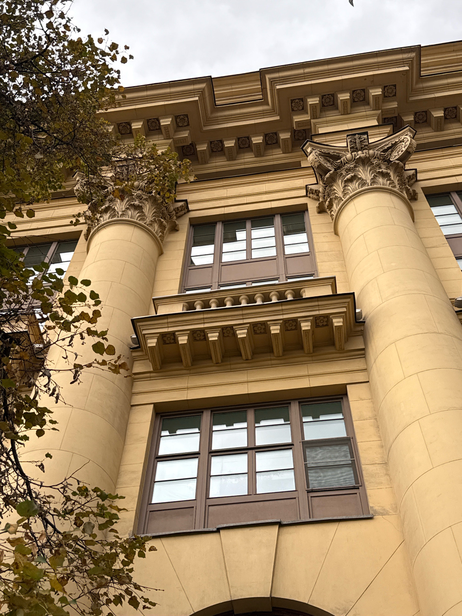 An exterior, low-angle, close-up shot shows the ornate architecture of a tan-colored building with a cloudy sky overhead. On the left side of the frame, a branch with sparse, yellowish-green leaves extends into the shot from the upper left corner, partially obscuring a large, fluted column. The column, made of rectangular stone blocks, rises vertically and is topped with a carved Corinthian capital featuring acanthus leaves. To the right of this column is another similar column, also topped with a Corinthian capital. Between these columns, there are two rows of windows. The upper row of windows consists of several rectangular panes set within brown frames, with a decorative stone ledge below them. The lower row of windows is similar in style. The building's facade features elaborate cornices and decorative elements above the windows. The overall impression is one of classical architectural grandeur.