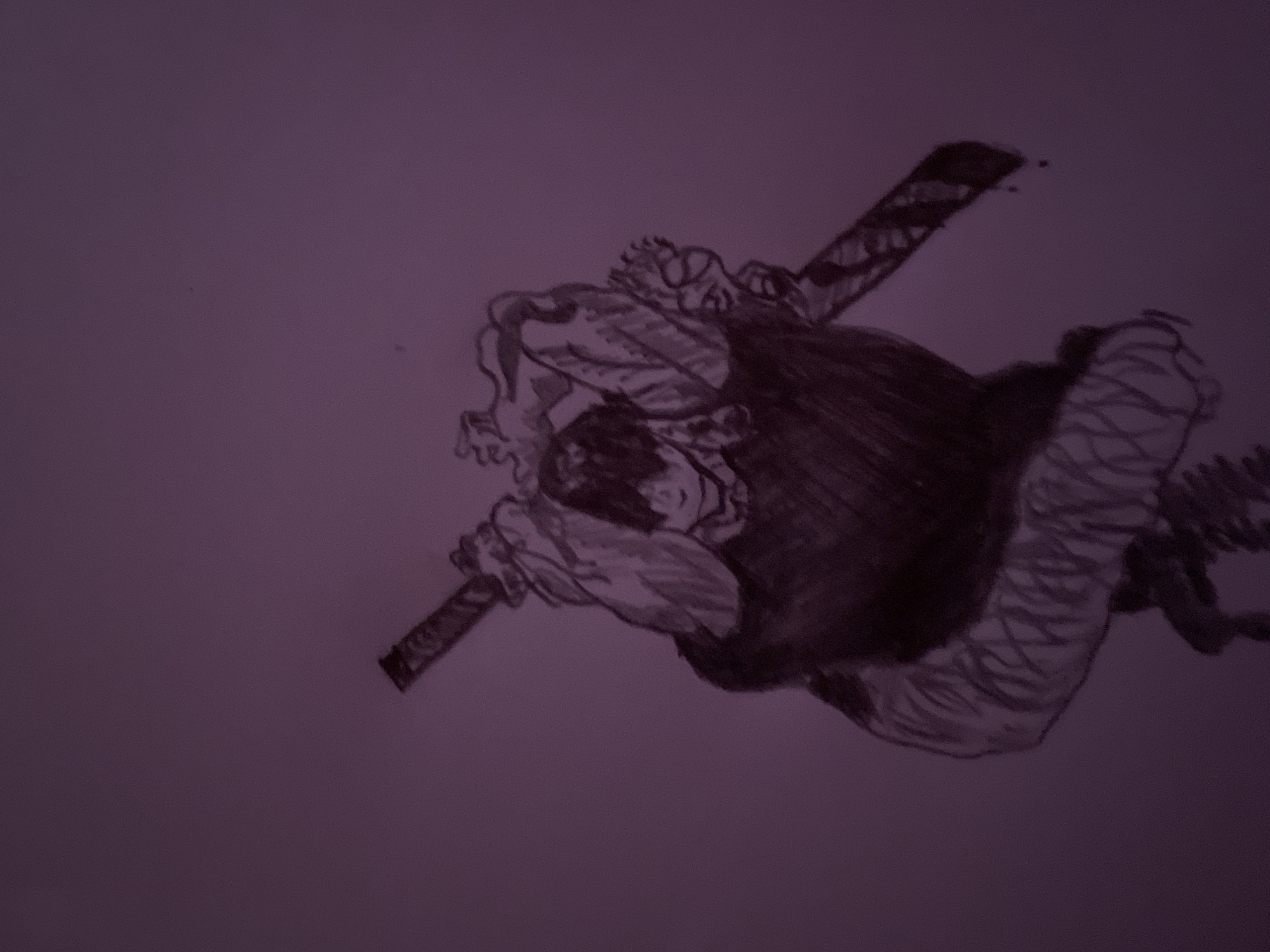 A charcoal drawing depicts a figure holding two objects that resemble clubs or batons. The figure has dark hair and is wearing a garment with ruffles and what appears to be a vest or bodice. The surrounding background is a plain, evenly colored, muted purplish-gray. No information allows location to be specified.