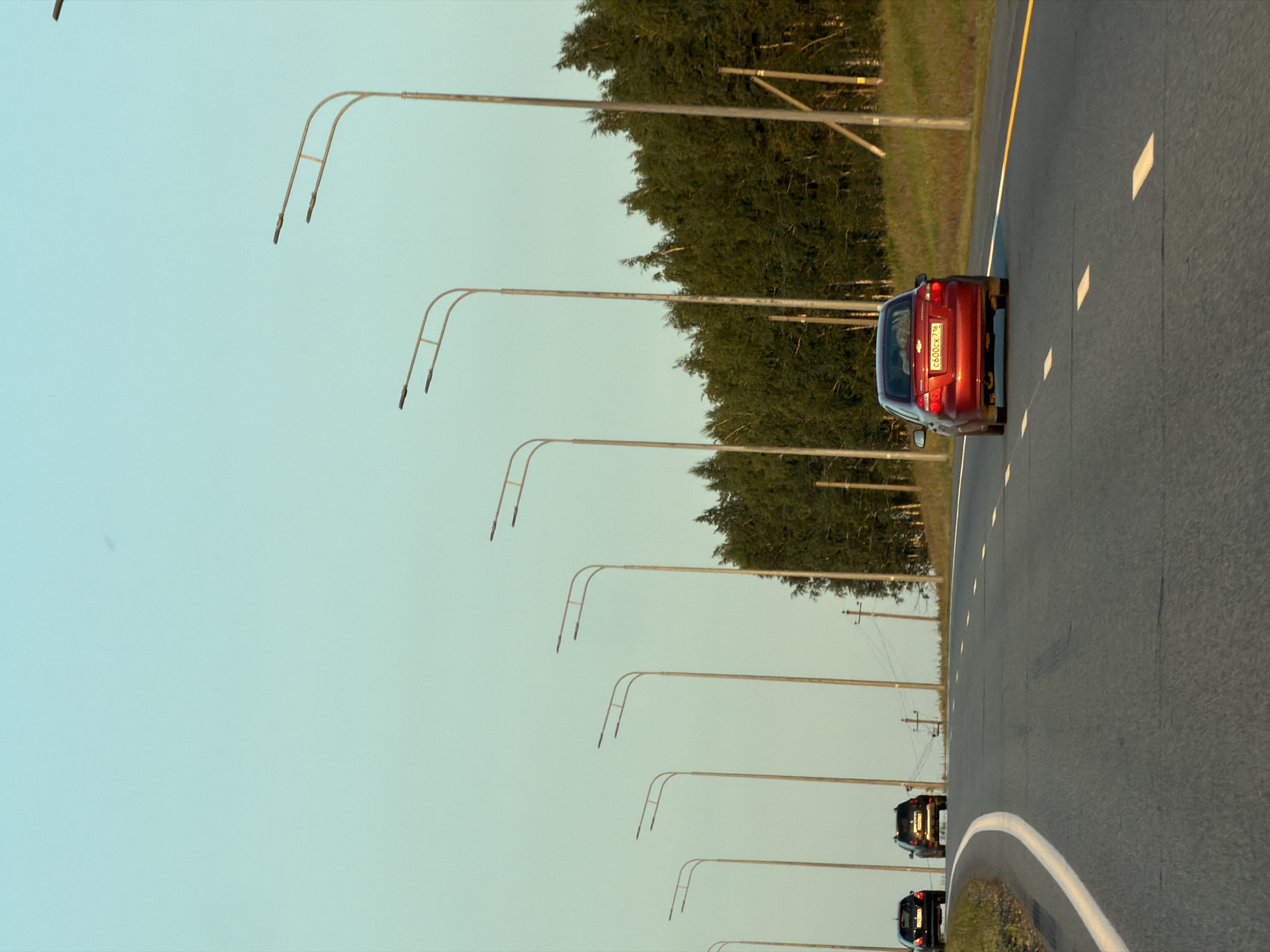 A vertical, eye-level, medium-range shot shows a highway with a clear sky and trees on the right. The road curves to the left, with a white line on the left edge and dashed white lines and a solid yellow line in the center. Several cars are on the road. In the foreground, a red Chevrolet Aveo is traveling away from the viewer. Behind it, a black SUV and a black sedan are also moving away. A row of streetlights with double fixtures is visible on the left side of the road, extending into the distance. On the right side, a dense line of trees forms a backdrop, with utility poles and wires interspersed among them. The sky is a pale blue-green, transitioning to a lighter shade near the horizon. The lighting suggests it is late afternoon or early evening.
