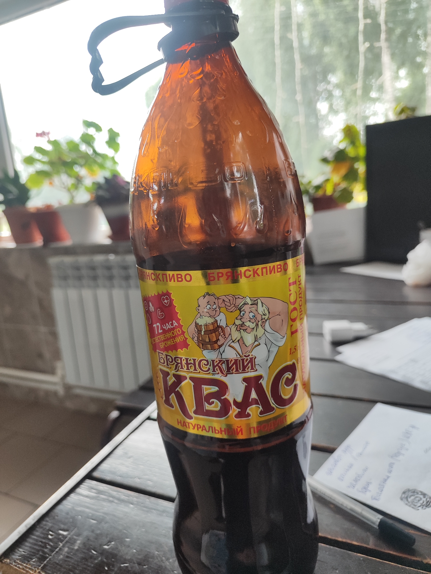 A brown glass bottle of "Bryanskiy Kvas" with a yellow and red label sits on a wooden table. The label features an illustration of two cartoonish men holding a beer mug and a flag, and text in Russian indicating "72 hours of natural fermentation" and "GOST" (state standard). The bottle has a black plastic cap with a hinged black plastic stopper. In the blurred background, a radiator and potted plants are visible through a window with white curtains. A pen and a piece of paper with handwritten text are also on the table.