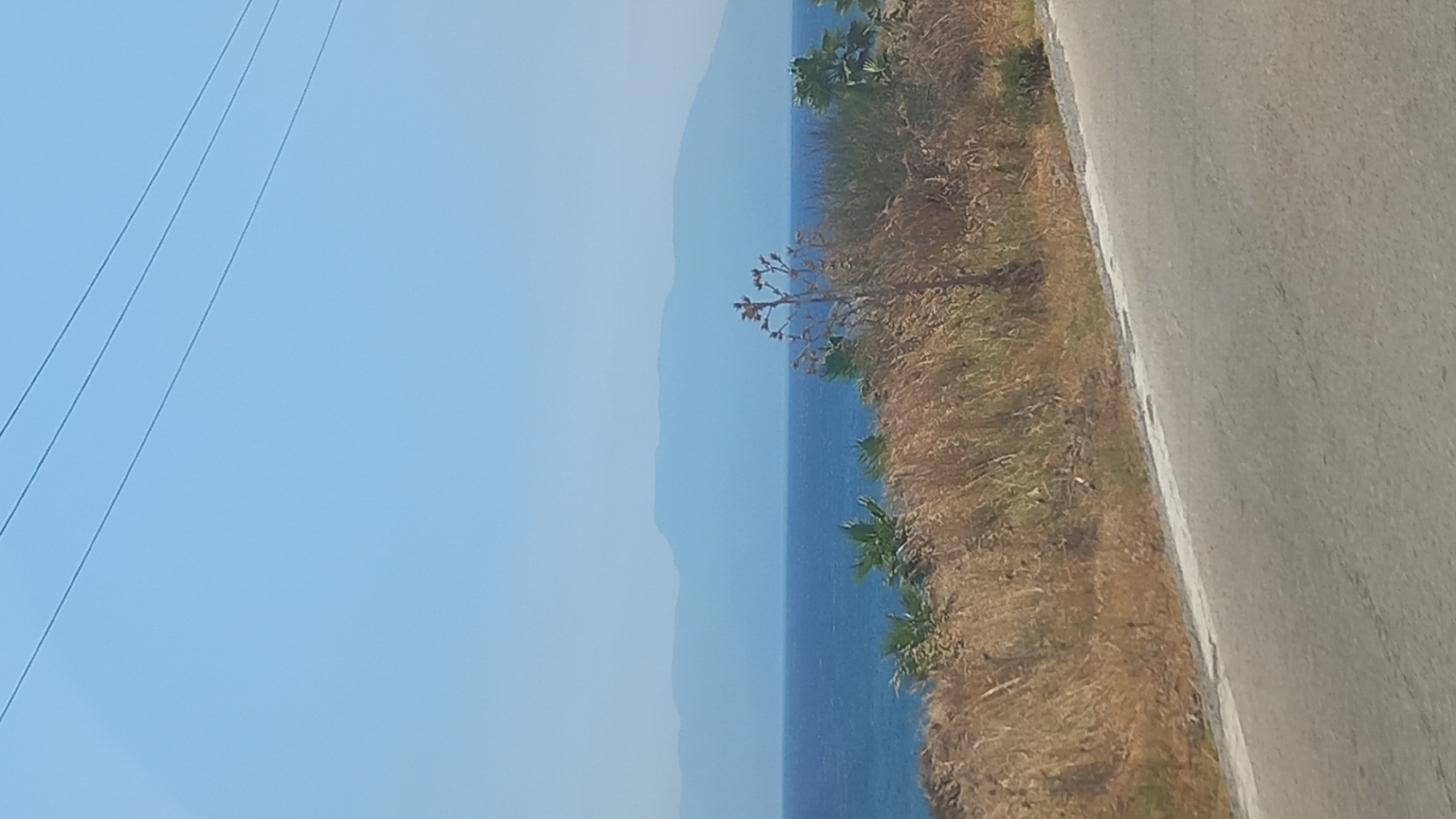 This image depicts a scenic view along a road in Kos, Greece. In the foreground, a paved road curves to the right. Beyond the road, a slope is covered in dry, golden grass and sparse vegetation, including a spiky plant with dried flower stalks. Several small palm-like plants are visible amongst the dry grass. The middle ground features a calm, deep blue sea. In the distance, a range of soft, hazy blue mountains stretches across the horizon under a clear, pale blue sky. Three thin, dark power lines are visible diagonally across the upper portion of the sky.