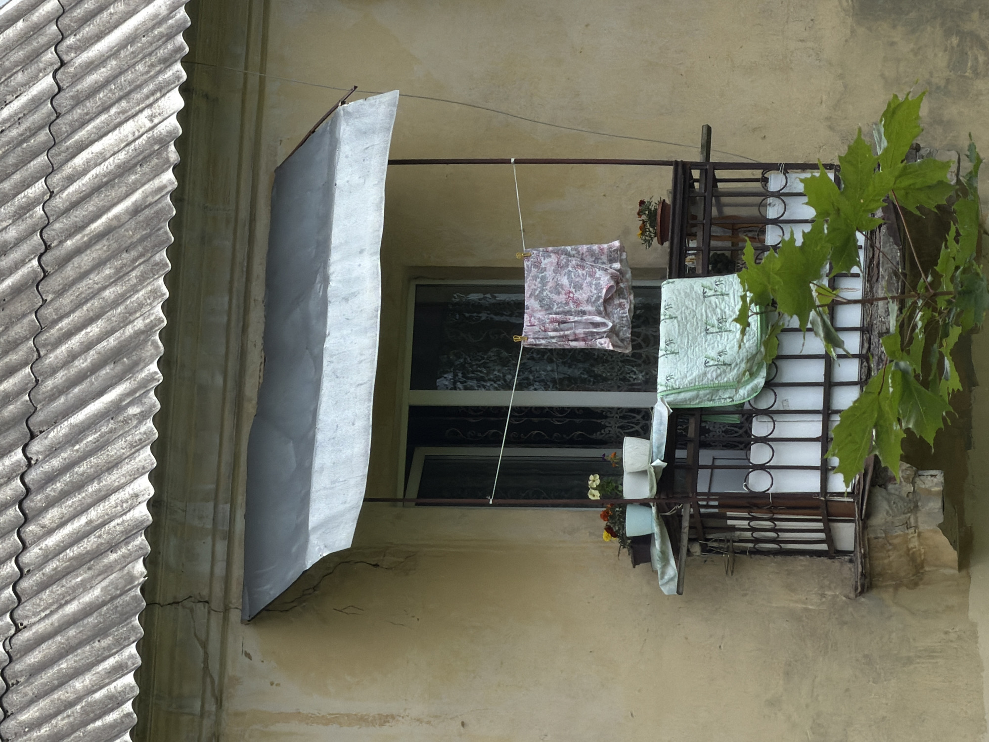 The image shows a close-up of a weathered, yellow stucco building with a corrugated roof and a small balcony. A metal awning is installed above the balcony window. On the balcony, a clothesline is strung with a piece of floral-patterned fabric held by clothespins, and a light green folded blanket is draped over the railing. Several potted plants, including some with red and yellow flowers, are arranged on the balcony shelf. A small tree with green leaves grows in front of the balcony, partially obscuring the view of the lower part of the structure. The scene suggests a residential building, possibly in a rural or older urban setting. The location is the city of Bykovo, Russia.
