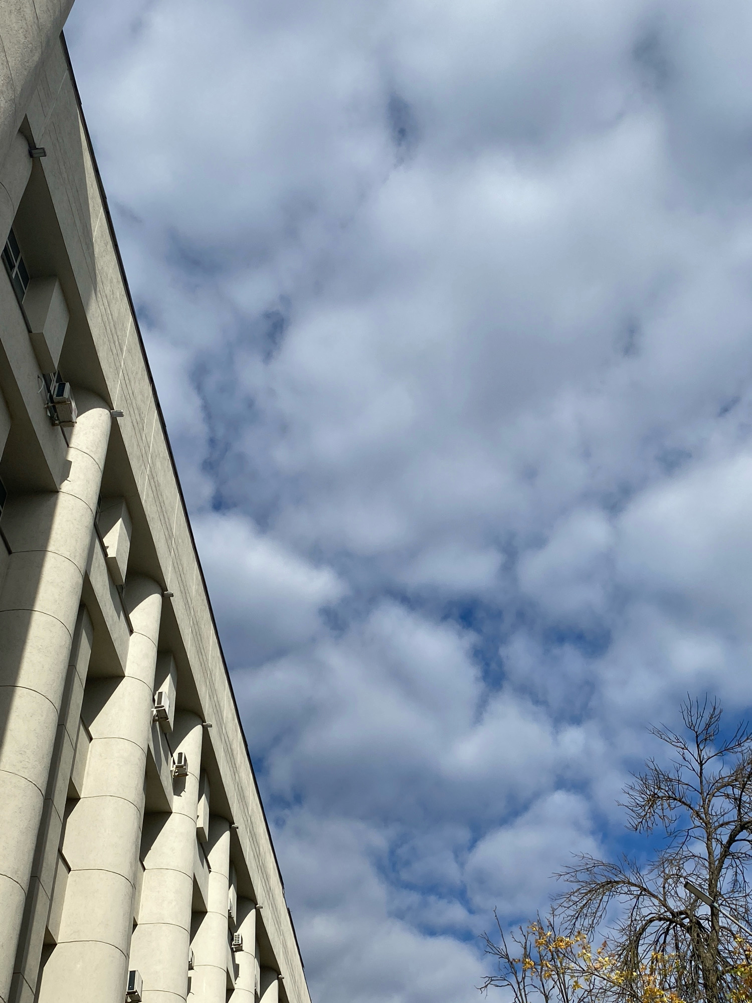 The image shows a low-angle view of a modern building with a light-colored facade and prominent vertical cylindrical columns. The building has multiple air conditioning units mounted on its exterior. In the upper right portion of the image, a bare-branched tree is visible against a cloudy sky with patches of blue. The scene is likely an urban environment, and based on the context, it is situated in Nizhny Novgorod, Russia. There are no people visible in the image, and no actions or interactions are depicted. The environment is characterized by architecture and natural elements under a sky with scattered clouds.