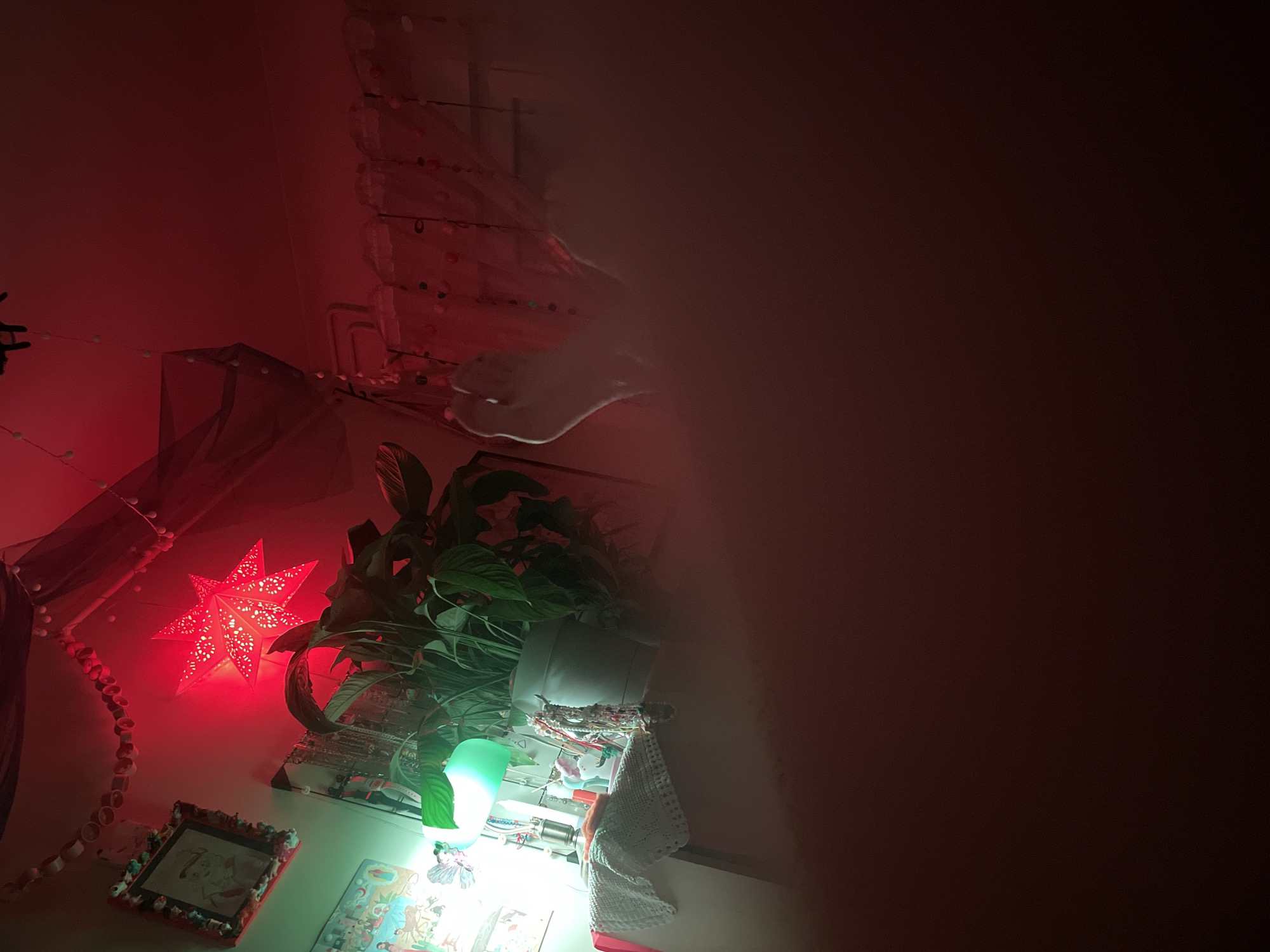 A photograph, taken indoors, features a surface upon which rests a collection of objects illuminated by a mix of red and green light. The scene includes a potted plant, a decorative red star, a framed picture, what appear to be tarot cards, and a green light source. A white crocheted cloth drapes over the edge of the surface. The upper portion of the frame contains obscured details, potentially a sheer fabric and indistinct features possibly of a person. The location is stated to be Belgrade, Serbia.