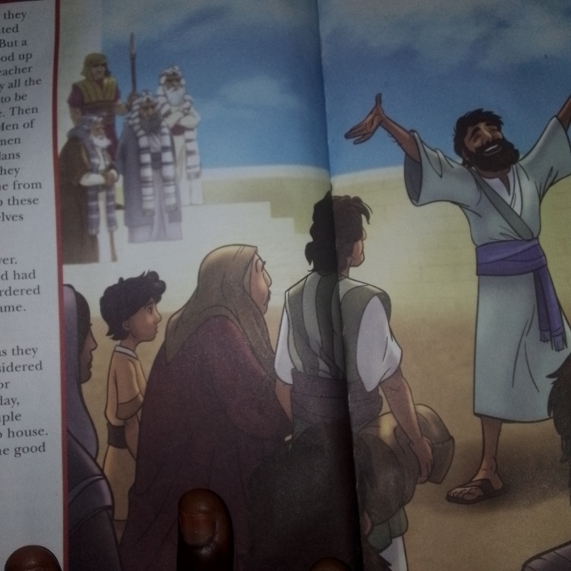 The image depicts an illustration from a book, likely depicting a scene from the Bible or a religious narrative. On the left side, text is visible, hinting at a story. The central focus is a group of people in what appears to be an outdoor setting, with a sandy or desert-like ground and a bright blue sky.
In the foreground, several figures are present. A man in a light blue robe with a purple sash around his waist stands with his arms raised and a joyful expression on his face. He appears to be speaking or proclaiming something. To his left, a person wearing a green and white striped garment is seen from the back, carrying a large, rounded object. Next to them is a woman wearing a brown hijab and a dark red garment, looking towards the man with raised arms. A young boy in a light brown tunic stands between the woman and another figure partially visible on the far left, who is wearing a dark purple garment.
In the background, on a raised platform or steps, stand several figures in traditional attire, including one in a purple robe and a yellow headdress holding a spear. These figures appear to be onlookers.
The image is a colorful illustration, characteristic of children's books or educational materials. There is no visual information within the image that directly links it to the city of Jalingo, Nigeria. The scene appears to be set in a historical or ancient context, possibly in the Middle East. The presence of a book and the style of illustration suggest it is part of a printed publication.