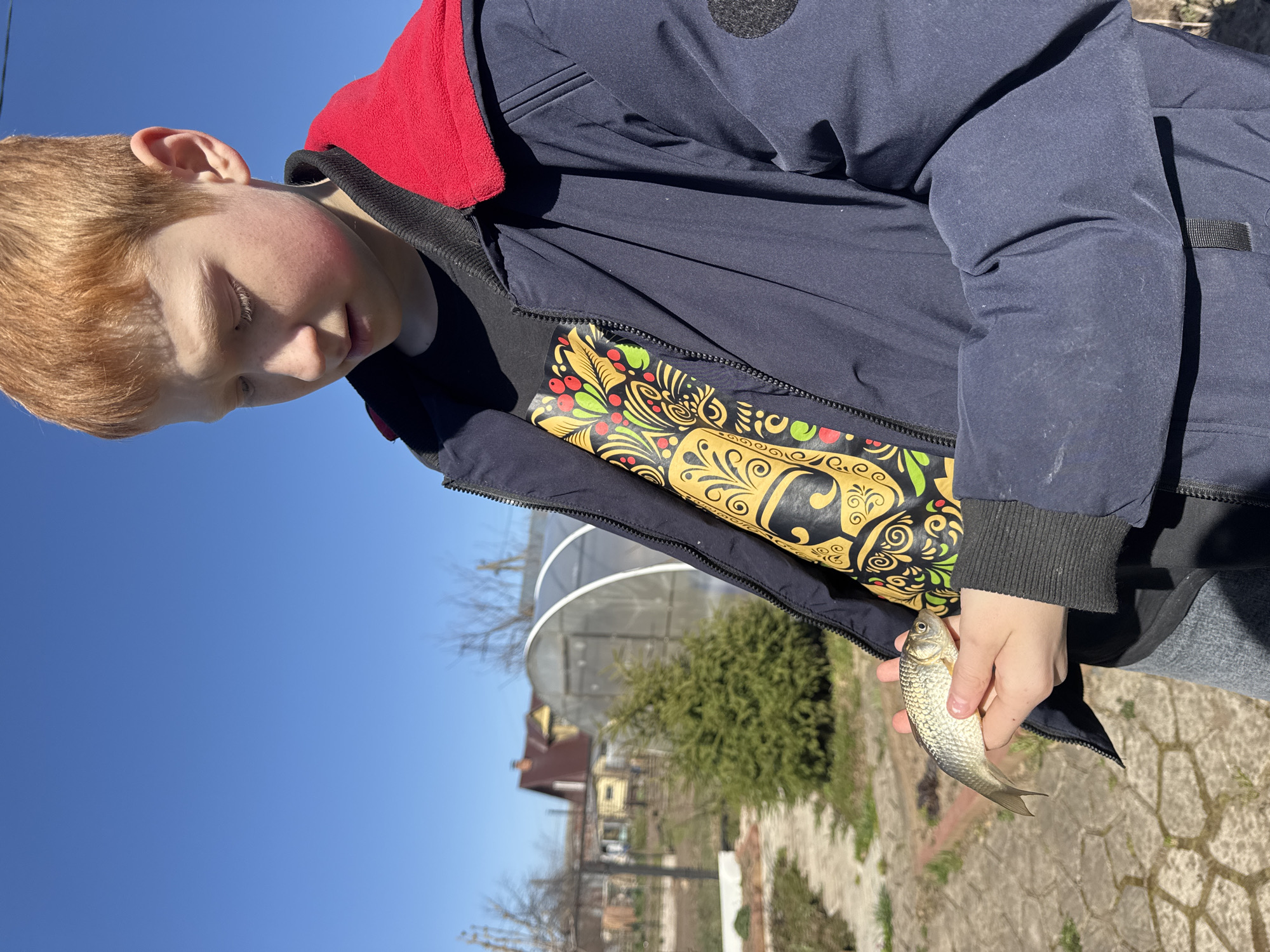 A fair-skinned, light-haired child is holding a small, silver-scaled fish in their hand. The child is wearing a dark blue jacket with a red hood and a black shirt with a colorful design. The background includes a blue sky, a blurred greenhouse, and a view of houses. The location is identifiable as Chaikovsky, Russia, by features typical of the area's residential architecture and landscape. The ground beneath the child appears to be paved with concrete stones.