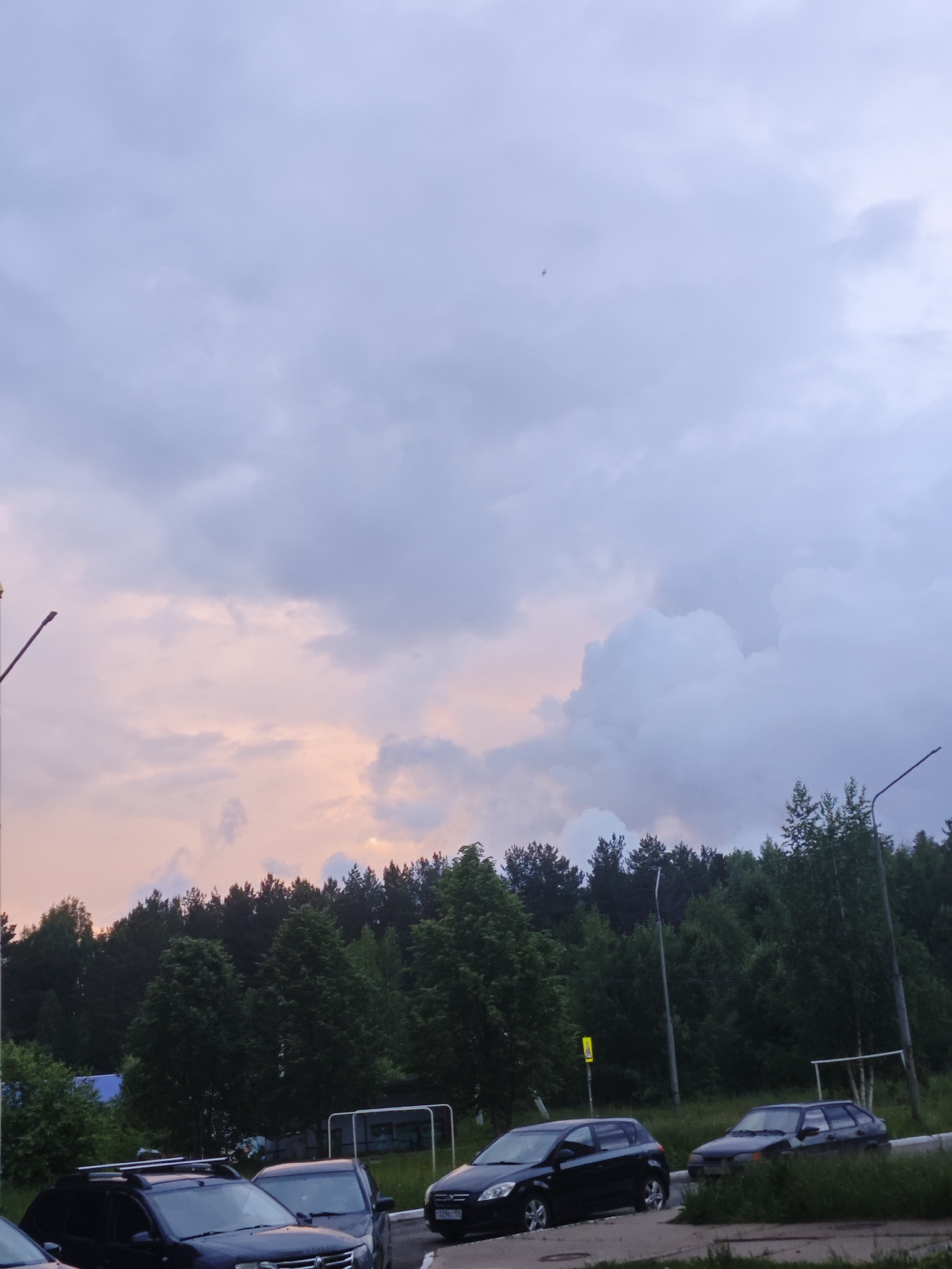 The image captures an outdoor scene at either dusk or dawn in Марковский, Russia, characterized by a prominent cloudy sky and a forested horizon. The upper two-thirds of the frame are dominated by a vast sky filled with grey and blue-toned clouds. Towards the left horizon, pockets of the sky exhibit soft pink and orange hues, indicating the presence of a rising or setting sun peeking through the heavy cloud cover. A very small, dark object, possibly a bird or insect, is faintly visible high in the upper central sky.
Below the expansive sky, a dense, dark green forest forms a natural boundary across the middle of the image. The trees appear to be a mix of conifers and deciduous types, with deep shadows giving them a lush yet somewhat muted appearance.
In the foreground and midground, several parked cars are visible on what appears to be an unpaved or partially paved lot or street. On the far left, parts of a dark SUV or crossover with roof rails are seen, next to a dark blue hatchback. On the right, a black hatchback is parked, and another dark car is partially visible further down. Two streetlights stand tall, one on the far left and another on the right side of the frame, extending above the treeline. A yellow rectangular sign with a diagonal black arrow, possibly indicating a temporary obstruction or detour, is visible in the mid-ground between the trees and cars. Metal structures, resembling goalposts or a fence, are present in the grassy area on the right. The overall atmosphere is quiet and still, emphasizing the transition between day and night, with the natural landscape juxtaposed against human infrastructure. No direct human activity or legible text is visible.