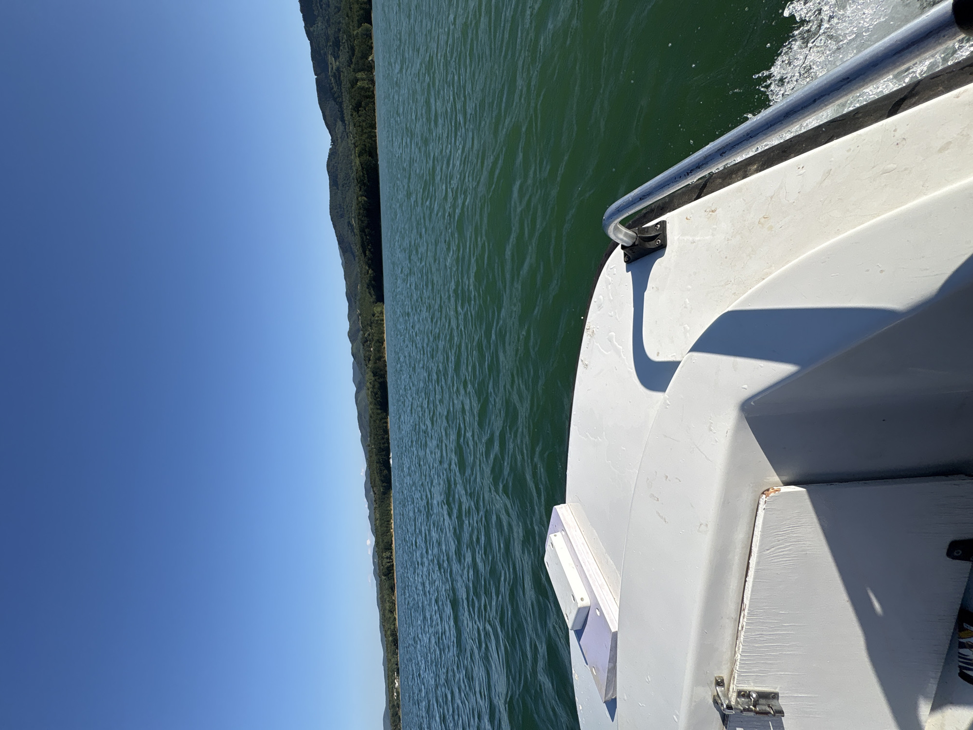 The image shows a view from the bow of a white boat moving through a body of water. The water is a deep green color with ripples on the surface. In the distance, there is a shoreline covered in dense green trees, followed by rolling hills under a clear blue sky. The foreground of the image focuses on the boat's deck, showing white fiberglass surfaces, a metal railing, and some white equipment mounted on the deck. There are no people visible in the image. The scene appears to be a serene day on the water, likely in the vicinity of Golyama Zhelyazna, Bulgaria, a location known for its natural beauty and reservoirs.