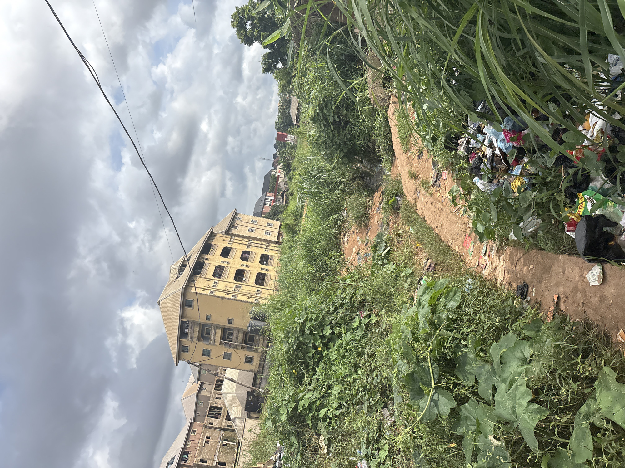 In Nkpor, Nigeria, a scene of urban neglect is depicted. In the background, a multi-story yellow apartment building stands amidst other structures under a cloudy sky. In the foreground, a narrow dirt path winds through overgrown vegetation and a considerable amount of scattered trash. The debris includes plastic bags, paper, and other refuse, indicating a lack of waste management. The environment appears unkempt and neglected, with dense green plants and grasses dominating the landscape, partially obscuring the pathway and the garbage. The overall impression is one of a community struggling with waste disposal and upkeep.