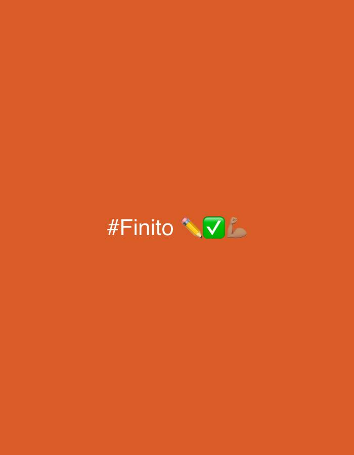 The image displays a solid, uniform orange background. Centered horizontally and slightly below the vertical midline, white text reads "#Finito". To the right of the text, there are three emojis: a yellow pencil, a green square with a white checkmark, and a light-skinned flexing bicep. There are no people, physical subjects, objects, actions, or environmental elements depicted that would indicate a specific location in the city of Jos, Nigeria, or any other geographical area. The image consists solely of digital graphics on a monochromatic background.