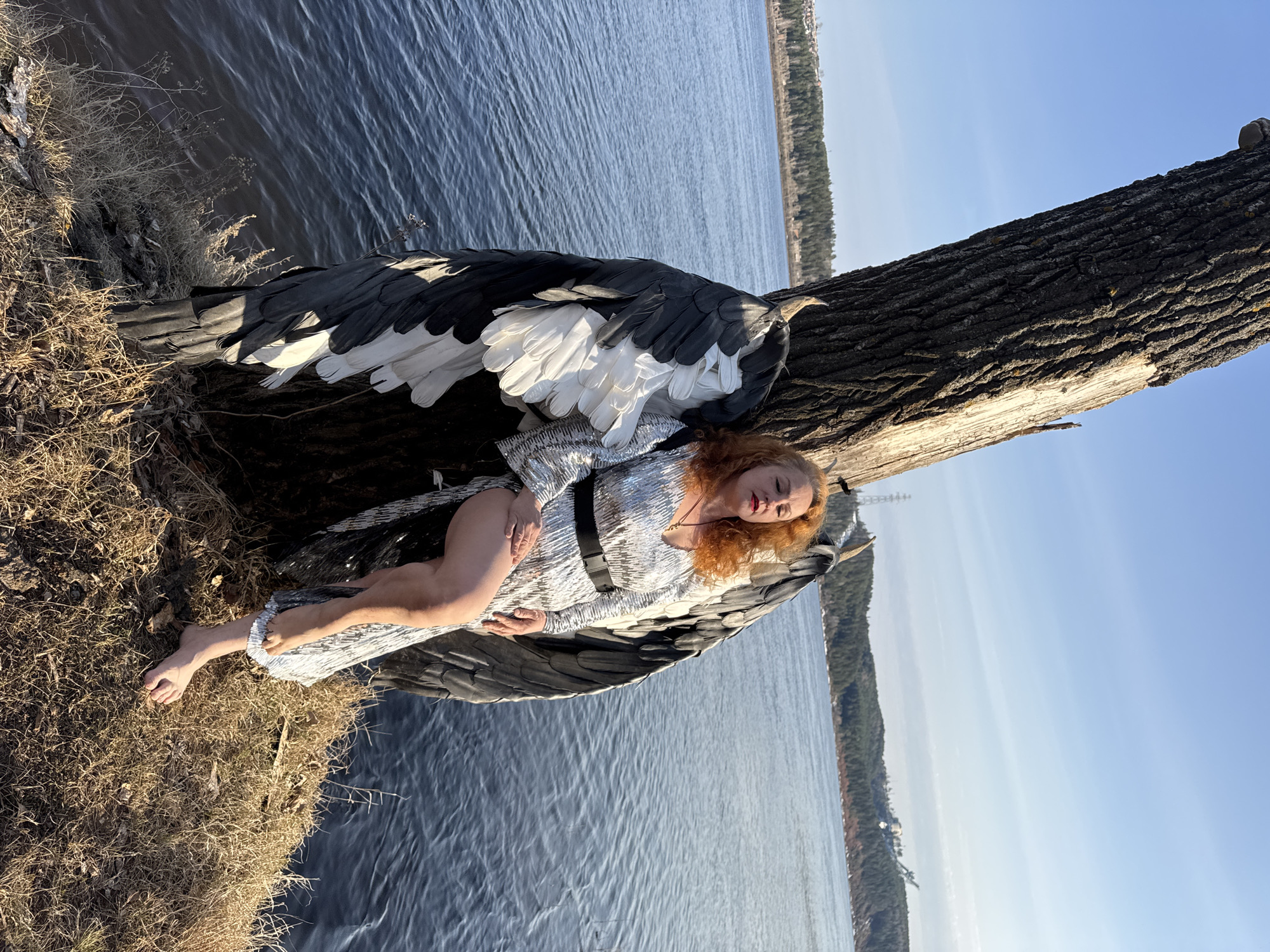A female figure lies on a fallen tree trunk at the water's edge. She has red hair and wears a silver dress with a black belt. Large black and white feathered wings are positioned around her. The location appears to be in Noviy, Russia, as suggested by the prompt. The water is a calm blue, reflecting the sky, and a forested shoreline is visible in the distance. Dried grass surrounds the base of the tree on the land side.