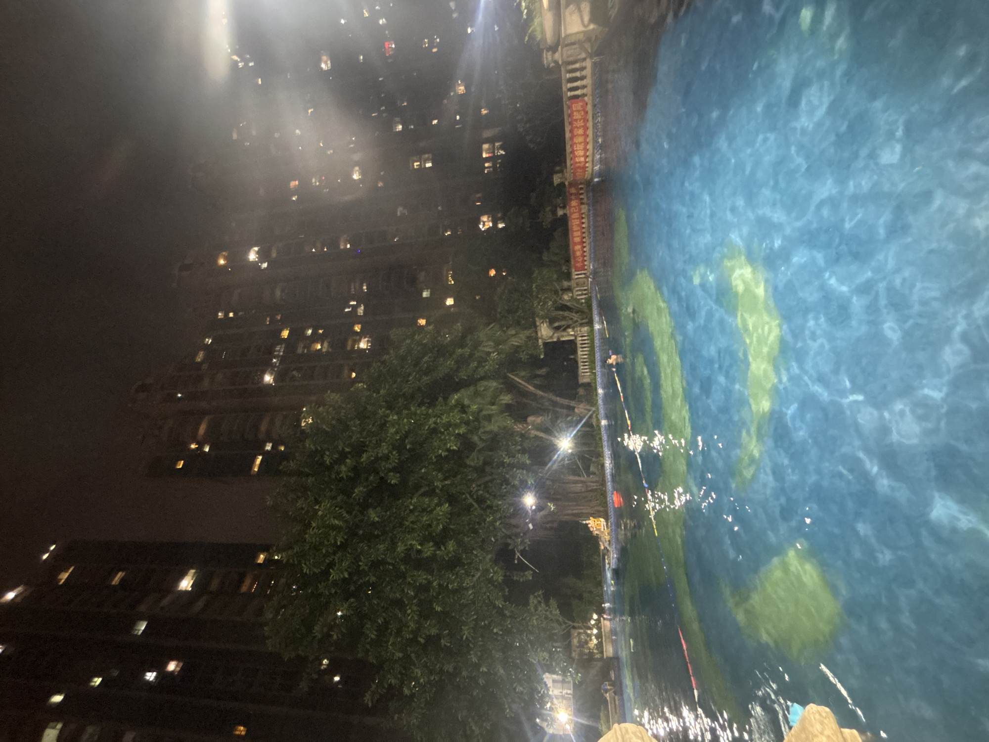 A wide-angle, low-light photograph captures an outdoor swimming pool at night, likely in the Nanhai District of China, with tall, illuminated apartment buildings in the background. The pool water is a vibrant blue, with green aquatic-themed designs visible on the pool floor. Several lane markers, consisting of red and white ropes, are stretched across the pool.
In the foreground, the edge of the pool is visible, with a sandy-colored structure on the left. The middle ground shows a large, mature tree with dense foliage, partially obscuring some of the buildings. The background is dominated by towering apartment complexes, their windows lit with a mixture of warm yellow, orange, and some cooler white lights, creating a dense urban landscape.
There are at least two individuals in the pool, appearing as small figures in the water. One person is near the left side of the pool, and another is further to the right. The lighting is atmospheric, with light sources from within the buildings, the pool area, and some bright, hazy light on the right side of the frame, possibly from a spotlight or glare. A red banner with Chinese characters is visible on the wall surrounding the pool. The overall impression is a nighttime scene in a densely populated urban residential area with recreational facilities.