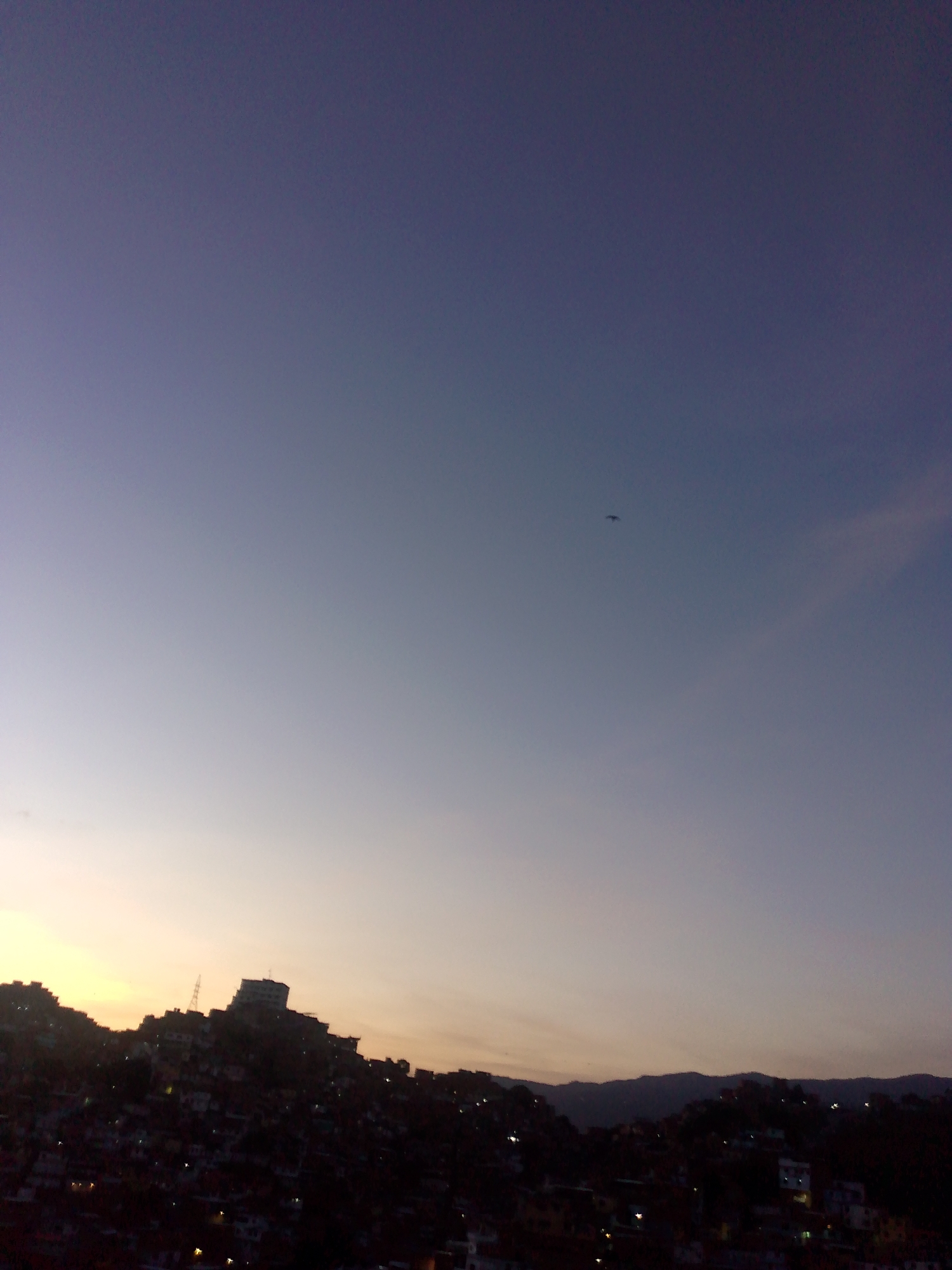 The image shows a view of a hillside residential area, likely a barrio, at dusk in Caracas, Venezuela. The sky transitions from a deep blue at the top to a lighter, yellowish hue near the horizon. Several buildings, some appearing to be larger structures and others smaller dwellings, are clustered on the steep incline of the hill. The lights of the houses are beginning to illuminate, indicating that night is falling. A single bird is visible flying in the upper portion of the sky. In the distance, a mountain range forms the silhouette against the twilight sky. The overall scene conveys the impression of a densely populated urban environment set against a natural landscape.