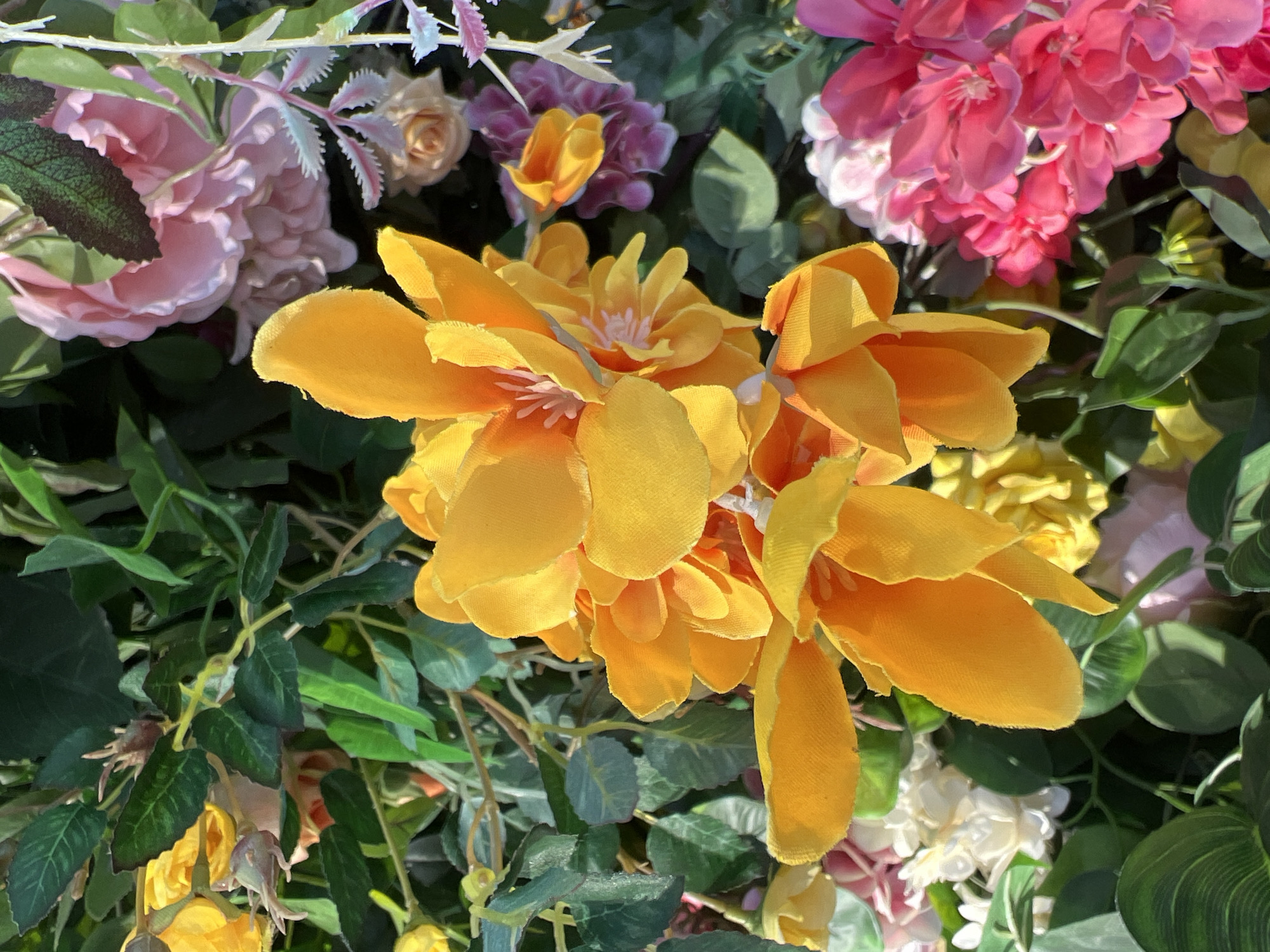The image is a close-up, eye-level, full shot of a vibrant artificial flower arrangement. The primary focus is on a cluster of bright yellow flowers with multiple layers of petals, some of which are translucent, revealing lighter yellow and pinkish interiors. These yellow flowers are in the foreground and dominate the center of the frame. Surrounding them are various other artificial flowers in shades of pink, white, and a subtle peach tone. Lush green artificial leaves are interspersed throughout the arrangement, providing a backdrop and creating a sense of depth. The lighting suggests an outdoor setting, with highlights and shadows indicating the direction of the sun. There are no people or animals visible in the image. The scene appears to be an decorative arrangement rather than a natural landscape.