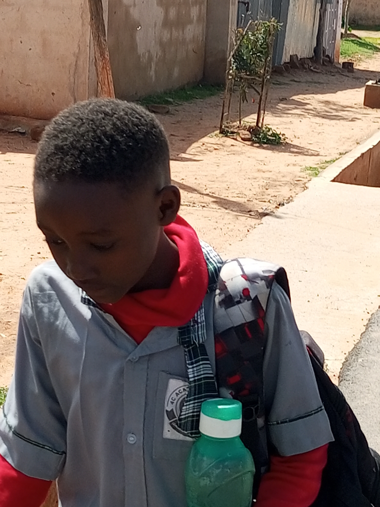 The image shows a young boy, likely of school age, outdoors in what appears to be a sunny, daytime setting. He is looking down and to his right, with a neutral expression. He is wearing a grey school uniform shirt with a red undershirt visible at the collar and sleeves. A small patch with text is visible on the left breast of his shirt. He has a backpack on his right shoulder, which has a black, red, and white patterned design. A green water bottle with a white cap is held in his left hand, positioned in front of his body. The background consists of a dusty, unpaved ground with some patches of grass and a light-colored wall or building. A thin, vertical wooden post is also visible. Further in the background, there is a structure that appears to be made of corrugated metal sheets, and a small, leafy plant in a frame. The overall scene suggests an environment in Gombe, Nigeria, possibly near a school or a residential area. The sunlight indicates it is daytime.