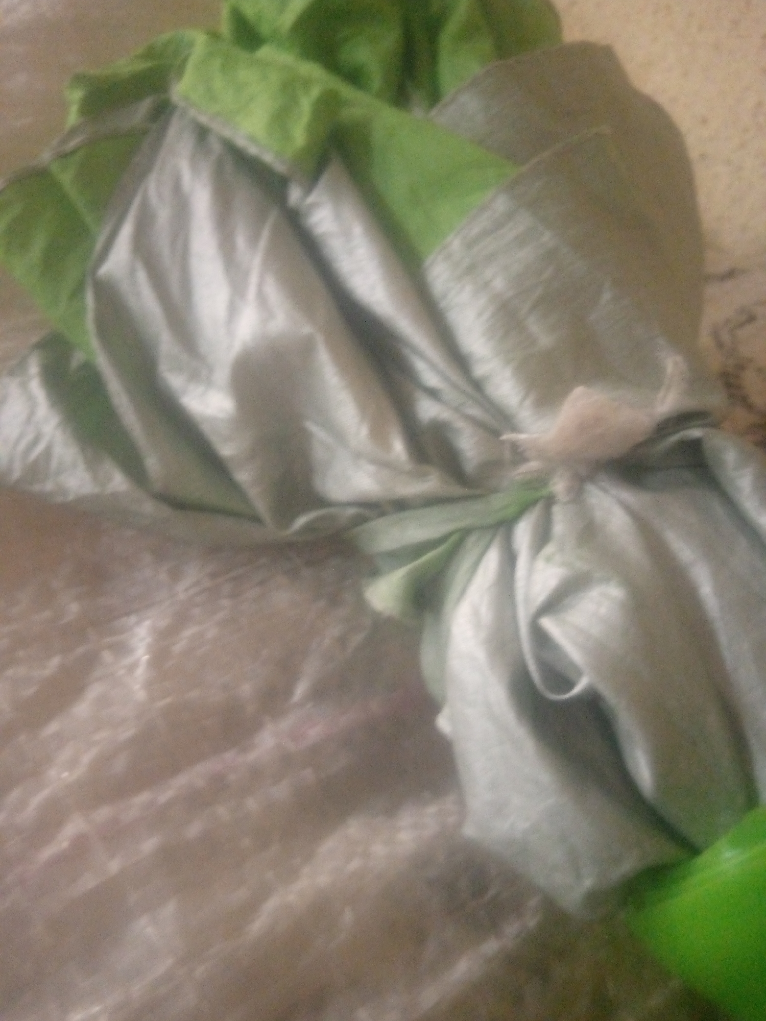 A soft, crumpled, light-colored fabric is folded and bunched, with a bright green fabric border visible at the top and a lighter green section at the bottom right. The light-colored fabric is creased and has a shiny, almost metallic texture. A small, light-colored, fuzzy object is attached to the fabric in the center. The background is a mottled, textured surface. The image is taken from a close-up perspective, with the focus on the fabric and the fuzzy object. There are no people visible in the image. The location is unknown.