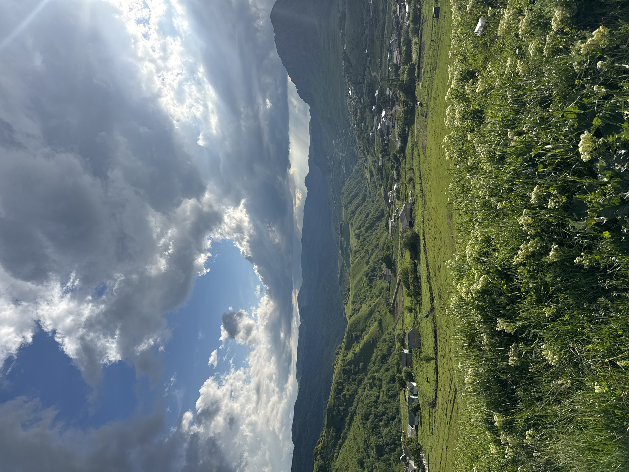The image depicts a wide landscape view of the village of Verkhnyaya Mara, Russia. The foreground is dominated by a field of tall, green grass with clusters of small, white wildflowers. Beyond this field, a small village is visible, with houses scattered across a gently sloping green valley. The houses have predominantly light-colored roofs and walls, with some appearing to be made of stone or wood. Several trees are interspersed among the buildings and in the surrounding fields.
In the midground, rolling green hills rise, densely covered with vegetation. Further in the distance, a series of larger, more rugged mountains form the backdrop, their slopes also covered in green foliage. The sky is a dramatic mix of bright blue and heavy, dark clouds. Sunlight breaks through the clouds in several areas, casting rays onto the landscape. One ray of light is particularly noticeable, illuminating a section of the distant mountains and valley. The overall impression is one of a serene, rural setting under a dynamic sky. There are no people or animals explicitly visible in the main village area. A dark shape that could be a horse is present in one of the fenced fields in the midground.