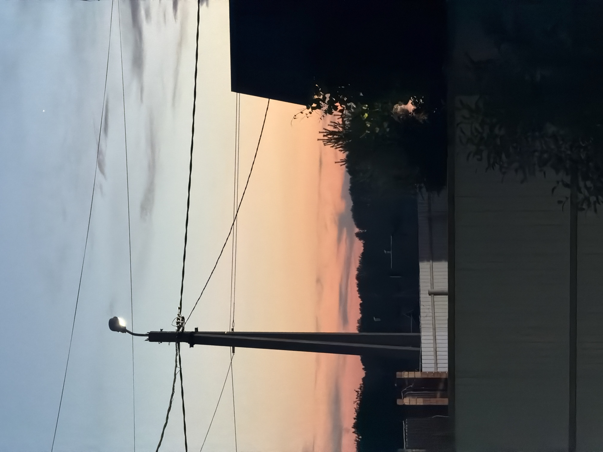 A vertical, medium shot captures a twilight scene in the village of Shmidtovo, Russia. The sky transitions from a pale blue at the top to hues of orange and pink near the horizon, indicating either dawn or dusk. A solitary street lamp illuminates the left side of the frame, casting light on a thick, dark utility pole and overhead power lines. A small, bright object, possibly a distant star or planet, is visible in the upper portion of the sky. Silhouetted against the colorful sky is a dense line of trees. In the foreground, a dark, angular structure, likely a roofline of a building, dominates the right side of the image. Below the tree line, a pale, corrugated metal fence stretches across the middle ground, with wooden posts visible at intervals. In the lower portion of the image, a darker, solid fence or wall is present, with some foliage visible in front of it. To the far right, partially obscured by foliage, a person with blonde hair is visible, illuminated by an unseen light source. The overall impression is a quiet, rural evening in Shmidtovo.