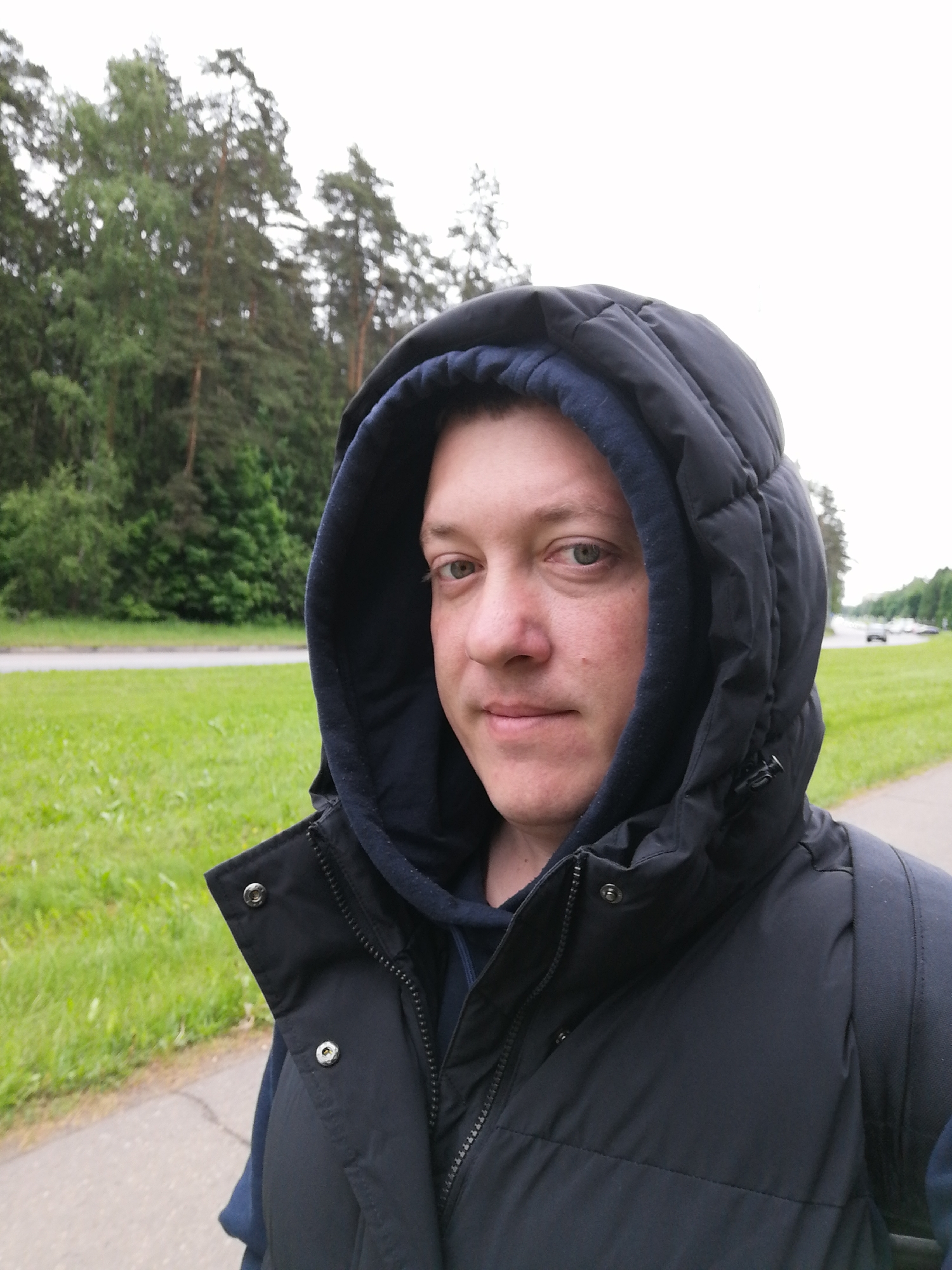 A man wearing a black hooded jacket stands on a sidewalk in a city. The hood is up. Behind him is green grass and a line of trees. A street with sparse traffic is beyond the grass. The sky is overcast.