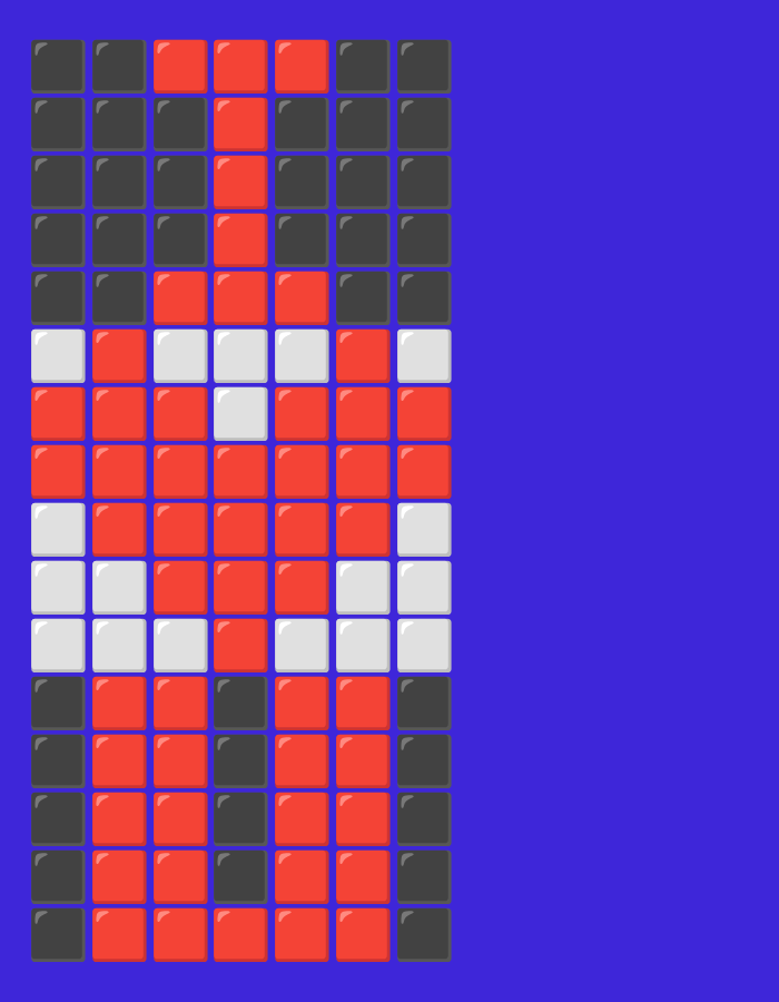 The image is a digital illustration composed of a grid of square tiles against a solid royal blue background. The grid occupies the left half of the image. The tiles are colored black, red, and white, forming a pixelated image of a figure resembling a stylized spider or a person with large arms. The figure is predominantly red and white, with black tiles forming the background and outlines of some features. The grid is approximately 10 tiles wide and 38 tiles tall. The right half of the image is entirely the royal blue background. There is no indication of location within Duman, Indonesia, or any real-world environmental context.
