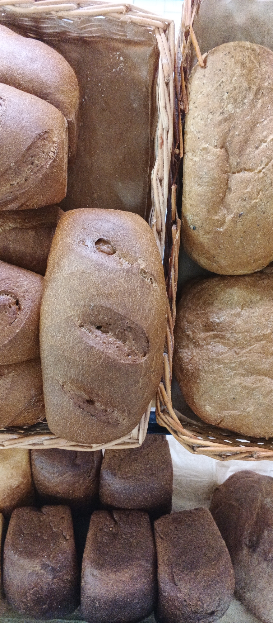 The image depicts an assortment of rustic loaves of bread displayed in wicker baskets and on a surface. The breads vary in size and shape, with some being round and others rectangular. Their crusts are a rich brown color, some appearing cracked or scored. The setting appears to be a market or bakery, given the presentation of the baked goods. There are no people or animals visible in the image. The image does not contain any information that would allow for determination of its location in the city of Ploske, Ukraine.