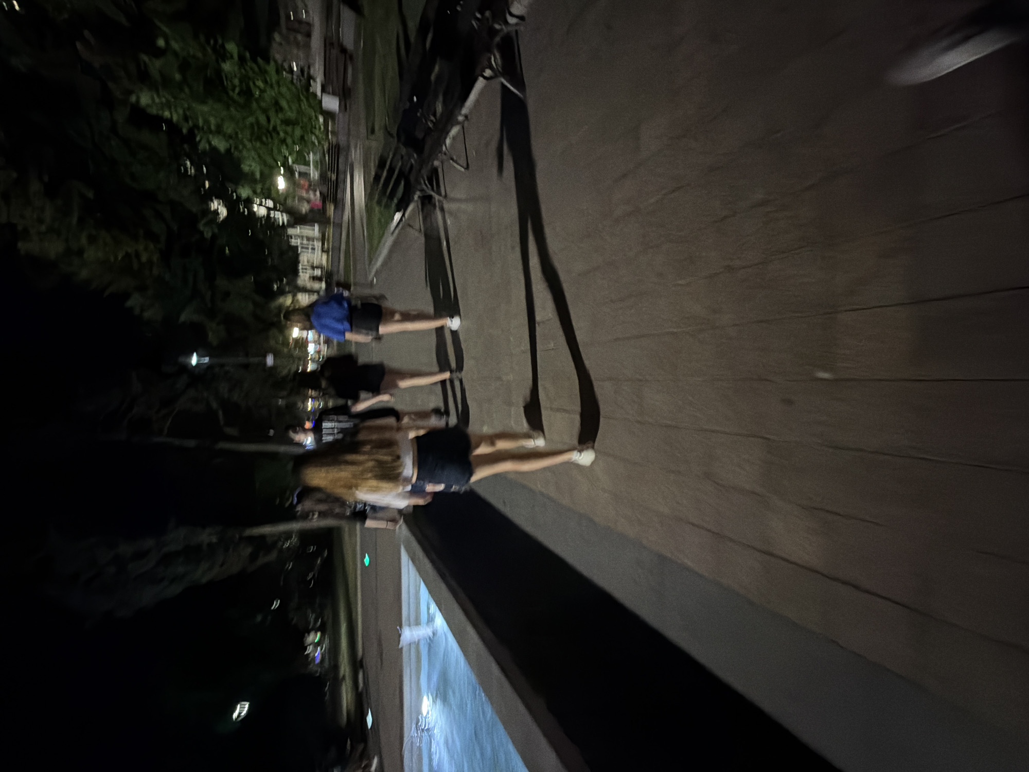 The image shows a group of young people walking away from the camera on a paved path at night. The path is next to a water feature, possibly a fountain or a pool, on the left side of the frame. Several trees line the path and the background is dark, indicating it is nighttime. In the background, park benches are visible. The scene appears to be located in a public park or square in the city of Ruse, Bulgaria, given the visual elements typical of urban green spaces. The motion blur suggests the photo was taken while walking or moving.