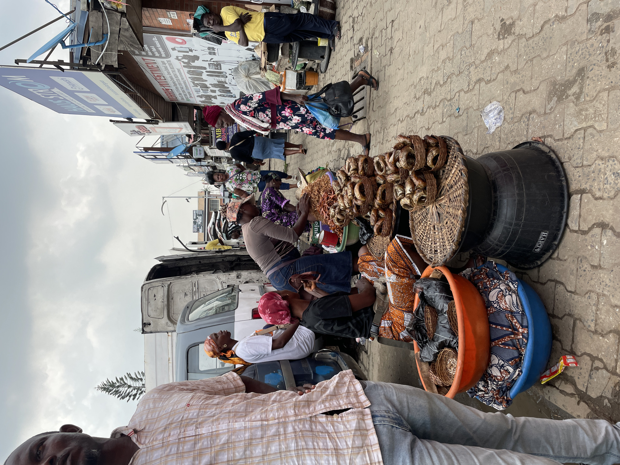 The image shows a street scene in Ikeja, Nigeria, where several individuals are engaged in commerce and repose.
A partial view of a man with dark skin wearing a light plaid shirt and jeans is in the foreground.
In the middle ground, multiple people are seated, selling goods. Baskets of dried fish are displayed on a woven mat atop a black container. Other items, including fabrics and smaller baskets, are presented in colorful plastic tubs.
A white truck and other vehicles are parked nearby. Buildings with signage are visible in the background, including a blue sign with "Haus Satcom" on it and another sign with text and images of electronic devices.
The sky is overcast. The ground is paved with interlocking concrete blocks. A piece of plastic litter sits on the pavement.