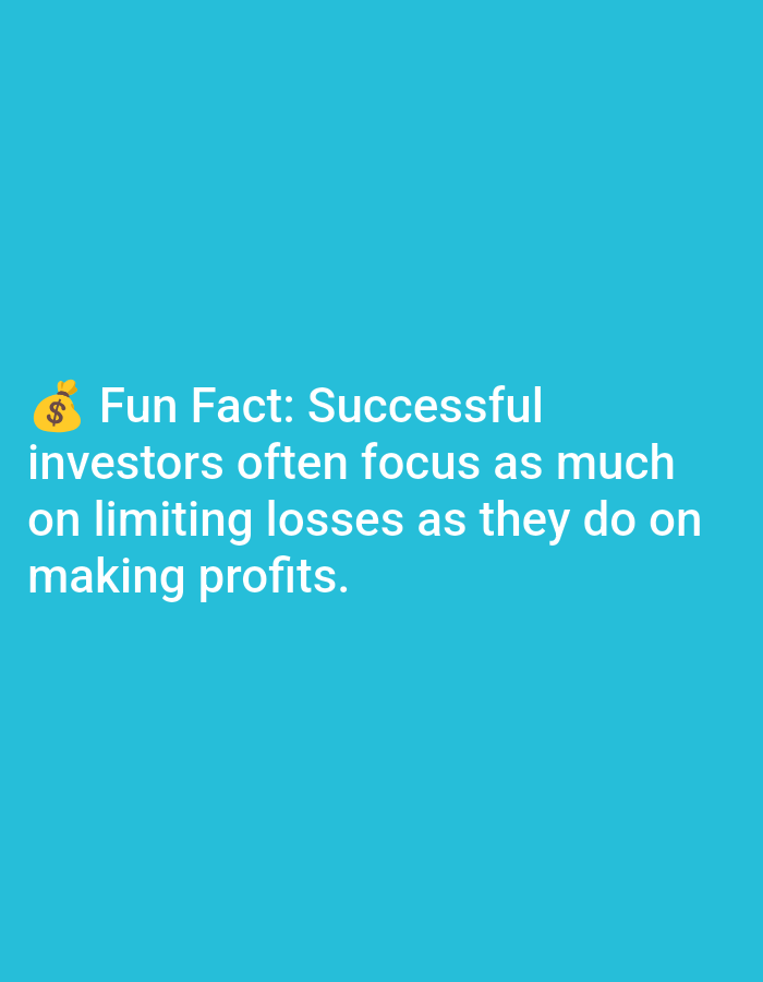 A light blue background displays white text with a yellow money bag emoji preceding it. The text reads: "Fun Fact: Successful investors often focus as much on limiting losses as they do on making profits." There is no discernible location in the city of Lagos, Nigeria, depicted in this image.
