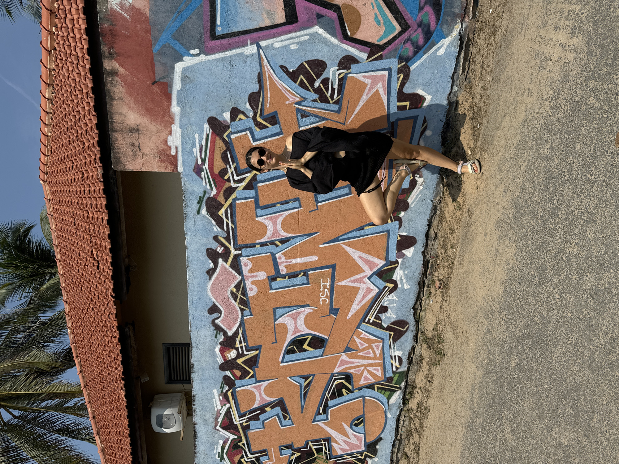 A sideways-oriented medium-shot depicts a woman positioned against a graffiti-covered wall outdoors. She is wearing a black top and sunglasses, her hands positioned in front of her chest. The wall features colorful graffiti, predominantly in shades of orange, pink, blue, and black.
To the left, a section of a building with a red tile roof is visible, along with a palm tree. To the right, there is a paved area. The location is suggested to be Mũi Né, Vietnam.