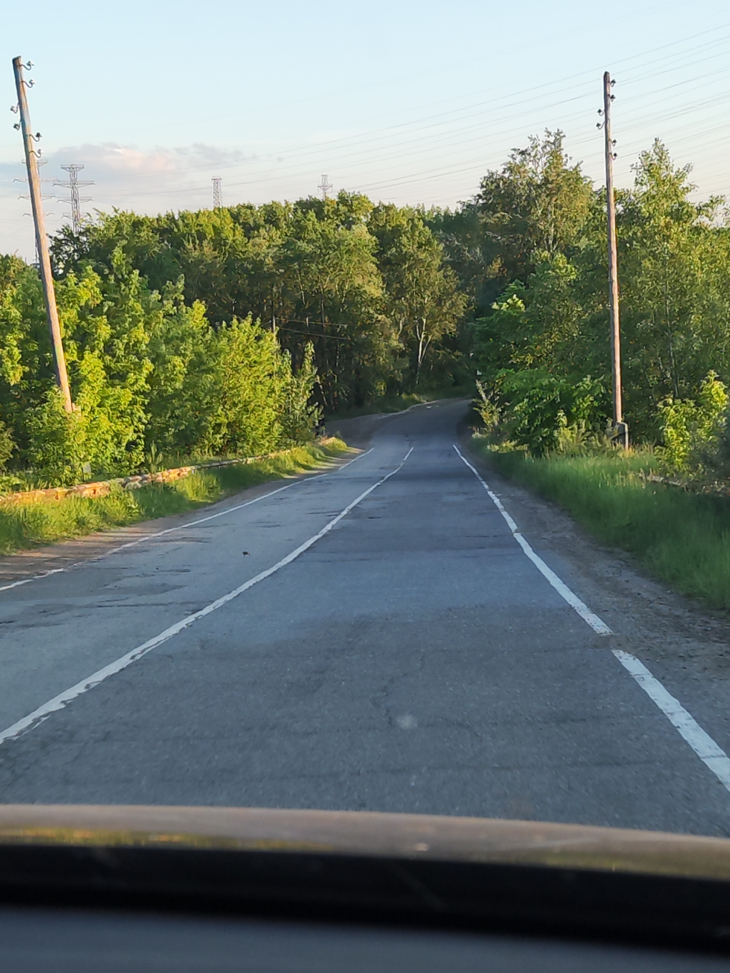 The image presents a perspective from a vehicle traveling on an asphalt road in Chaikovsky, Russia, likely during the late afternoon or early evening given the soft lighting. The dashboard or hood of the vehicle is visible at the bottom of the frame. The road, which shows signs of wear with cracks and patches, features white lines marking its edges and a broken white line down the center. It curves gently to the left and ascends uphill into the distance.
Dense, lush green foliage, consisting of trees and bushes, lines both sides of the road, creating a verdant tunnel-like effect further down. On the left side, a rusty guardrail or barrier runs parallel to the road. Two tall, weathered wooden utility poles, each fitted with ceramic insulators, stand prominently on either side of the road. In the background, above the treeline, several large metal power line towers (pylons) are visible, along with associated power lines, set against a clear, light blue sky with a few faint clouds. No people or visible text are present in the image.