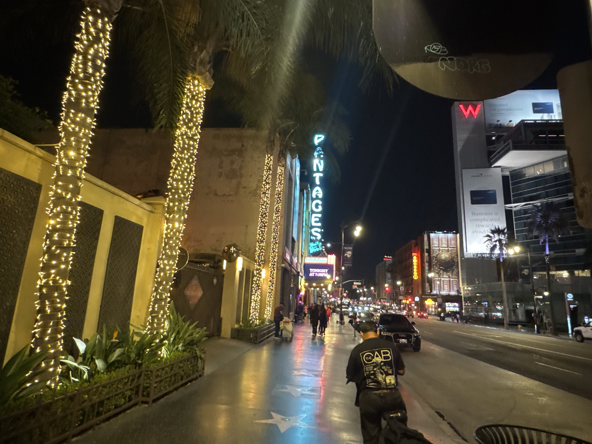 The image captures a nighttime scene on Hollywood Boulevard in Los Angeles. Palm trees adorned with twinkling lights line the sidewalk, casting a warm glow on the wet pavement, which reflects the vibrant neon signs of surrounding buildings. The famous Hollywood Walk of Fame stars are visible embedded in the sidewalk, some illuminated by the colorful lights.
Several individuals are present, walking along the boulevard or standing near the establishments. One person, seen from behind, wears a black t-shirt with "THE CAB" printed on the back, suggesting a connection to a music group or an event. Cars are visible on the street, with some driving and others parked. The architecture of the buildings appears to be a mix of classic and modern styles, indicative of the bustling entertainment district. The overall atmosphere is lively and characteristic of a popular tourist destination at night. The W Hotel sign is also visible in the background, further confirming the location.
