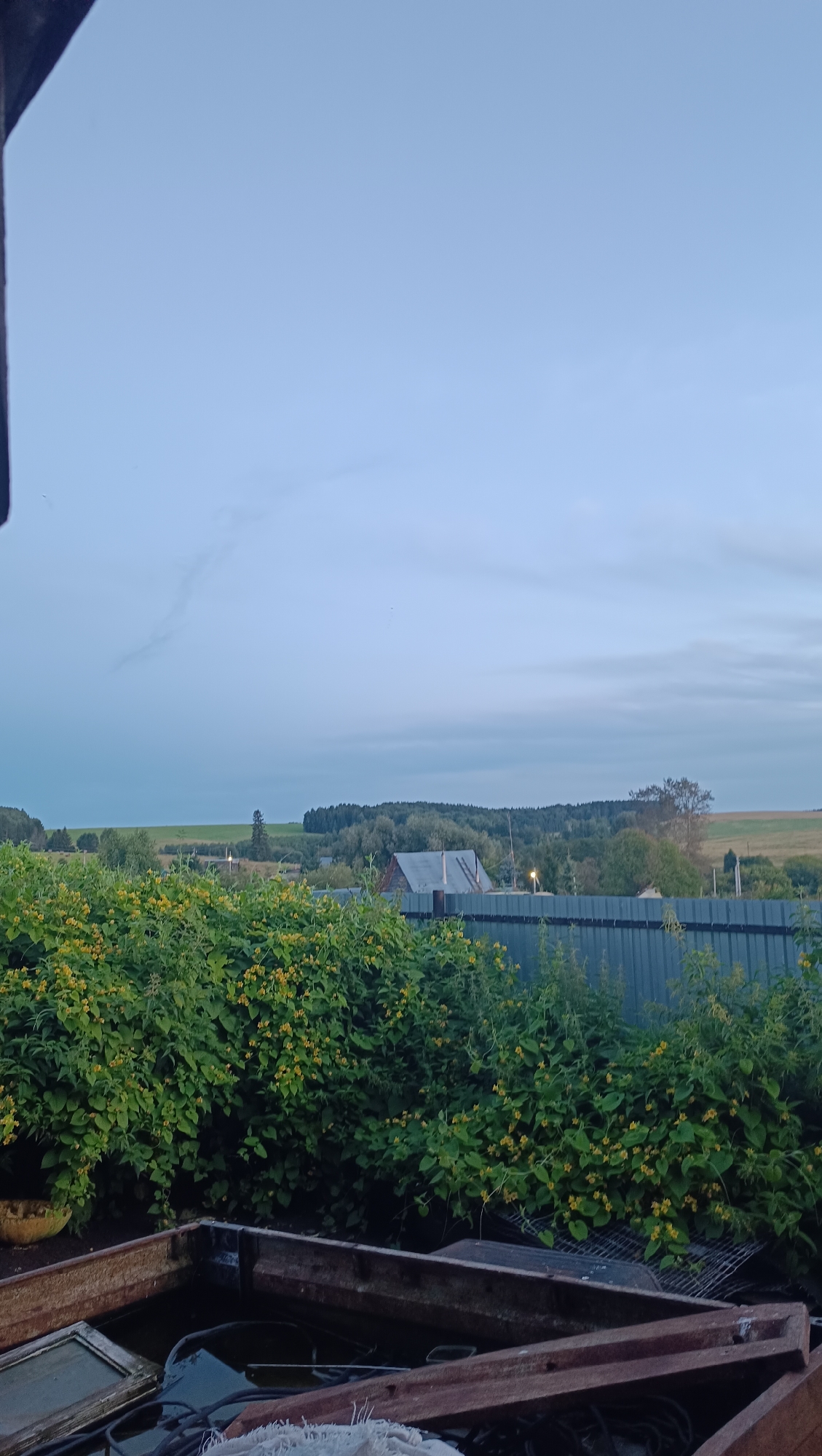 The image captures a rural landscape under a pale blue, cloudy sky. In the foreground, a rusty metal container is filled with debris, including what appears to be a broken window pane and various cables. Behind the container, a dense bush with small yellow flowers lines a grey metal fence. Beyond the fence, rolling hills covered in trees and fields stretch into the distance, with a few houses and structures visible. The overall impression is one of a somewhat neglected but peaceful rural setting.