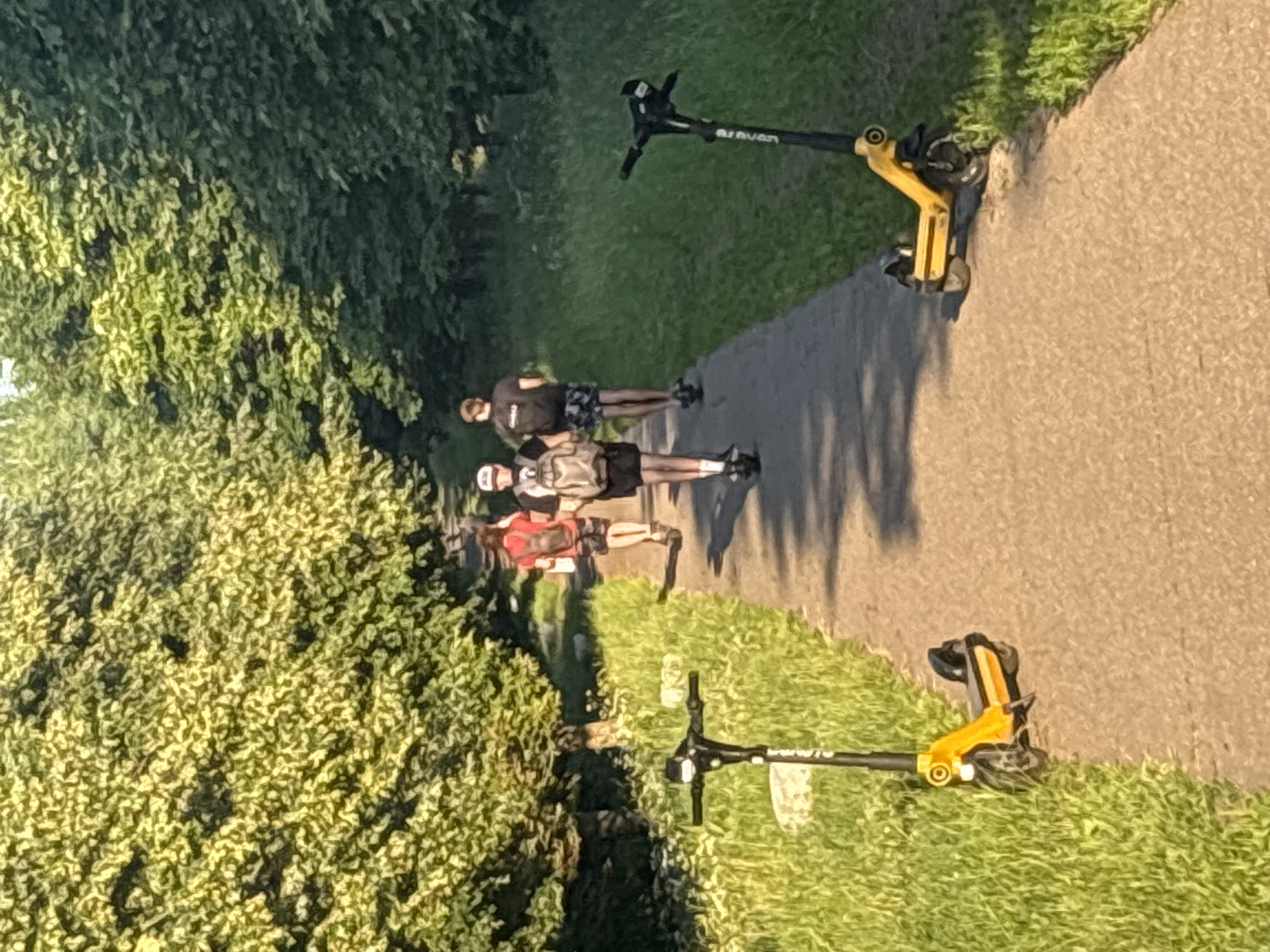 The image shows a paved path with grass and trees on either side, suggesting an outdoor park or trail setting. The lighting indicates it is daytime, likely late afternoon or early morning due to the long shadows cast on the path.
Three individuals are visible walking or standing on the path. The person furthest down the path appears to be wearing a dark t-shirt and patterned shorts. Next to them, another person is wearing a lighter colored top and dark shorts. The person closest to the viewer is wearing a red t-shirt and dark shorts and has a helmet on their head.
Two electric scooters, one yellow and one black, are also present. The yellow scooter is partially visible at the bottom of the frame, parked on the grass. The black scooter is further up the path, also on the grass, and appears to be in motion or recently used. Text is visible on the black scooter's handlebars, reading "aven".
The overall mood of the image is casual and active, with people enjoying outdoor recreation. The image is somewhat blurry, affecting the clarity of details.