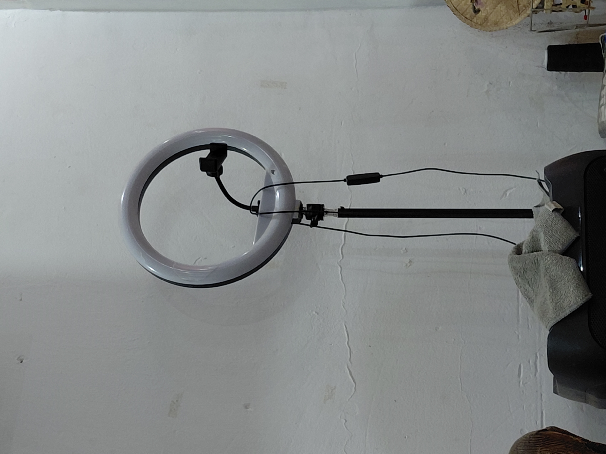 This vertical photograph captures an indoor scene featuring a white ring light mounted on a black stand. The ring light is prominently positioned on the left side, with its circular form and interior details visible. Black electrical cords extend from the light, incorporating a small, rectangular control module. The stand's pole runs horizontally across the mid-right section of the image.
The background consists of a light-colored, possibly off-white or light grey, wall. This wall displays some texture, minor scuffs, and several faint vertical lines, which appear to be hairline cracks or imperfections in the plasterwork.
To the bottom right, a grey, textured cloth or towel is draped over a black, irregularly shaped object, possibly an electronic device such as a speaker or part of a monitor. In the upper right corner, hints of other objects are visible, including what appears to be woven straw items, possibly hats or decorative elements, and other dark, indistinct items.
No human subjects are present, and no specific activity is taking place; the image shows a stationary setup. The presence of the ring light suggests the area is used for purposes like photography, video recording, or virtual communication. The lighting in the image appears to be a mix of artificial light from the ring light and general ambient indoor light, making the specific time of day indistinguishable. No visible text is present in the image. While the location context is Santa Ana, Venezuela, there are no specific visual cues within the image itself to confirm this geographical detail.