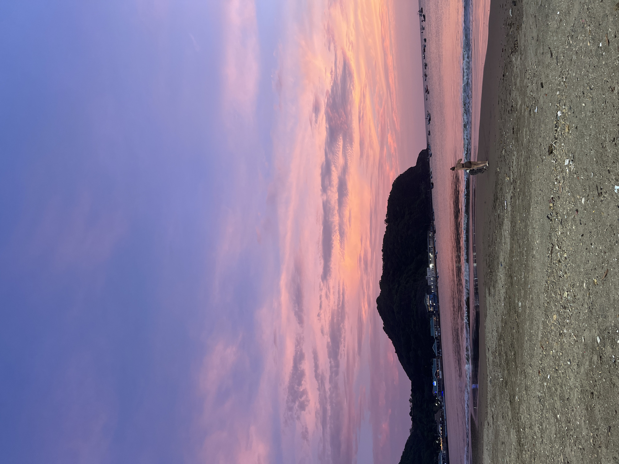 This image depicts a serene sunset scene on the beach in San Juan del Sur, Nicaragua. The sky is a vibrant gradient of purple and pink, with scattered clouds catching the last rays of the sun. A dark, tree-covered hill juts out into the calm ocean, with a small village nestled along its base, its lights beginning to twinkle. Numerous small fishing boats are anchored in the water, silhouetted against the colorful sky. On the sandy shore in the foreground, two figures are walking away from the camera. The person in front, wearing a bikini, appears to be walking a dog, which is walking beside them. The sand is a mixture of light brown and shells, with some debris scattered across it. The ocean is calm, with gentle waves lapping at the shore. The overall atmosphere is peaceful and tranquil, capturing the beauty of a tropical evening.