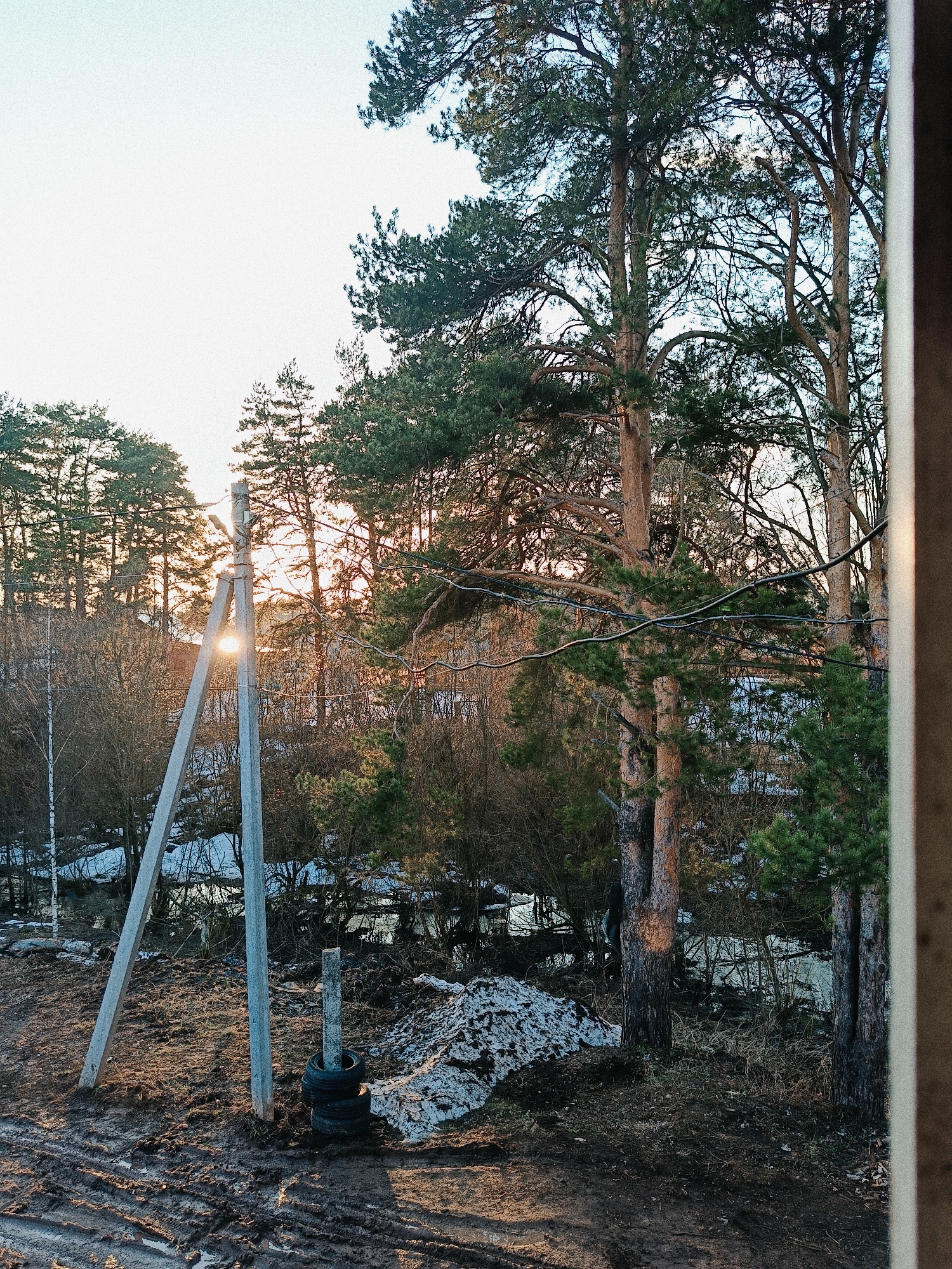 The image shows a landscape at twilight. The foreground is muddy with tire tracks. A concrete utility pole stands prominently, with a stack of tires beside it. Patches of melting snow are scattered on the ground. Beyond, a line of trees silhouettes against the setting sun. Power lines run through the trees. The image is taken from an elevated position, possibly from inside a building. The location is in a rural or semi-rural area. The city is unknown.