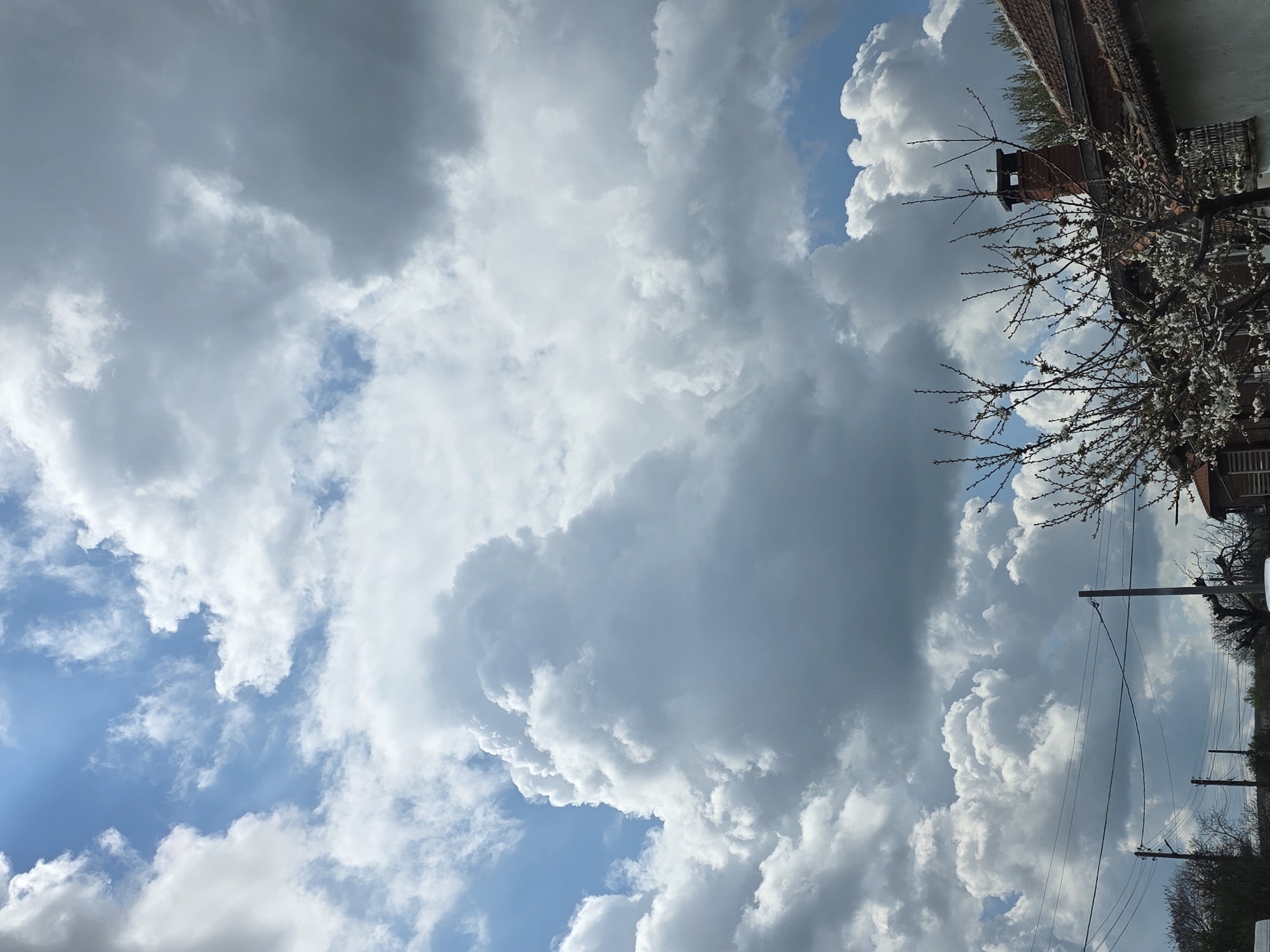 The image shows a sky filled with billowing cumulonimbus clouds, some gray and some white, suggesting varying thicknesses and light penetration. Patches of blue sky are visible between the clouds. At the top right, a building with a brick facade and a chimney is partially visible. A flowering tree branch extends into the frame in front of the building. Utility poles and wires run along the side of the frame. The photo appears to be taken from a ground-level perspective. The location is a residential area in the city of Unknown, Unknown.